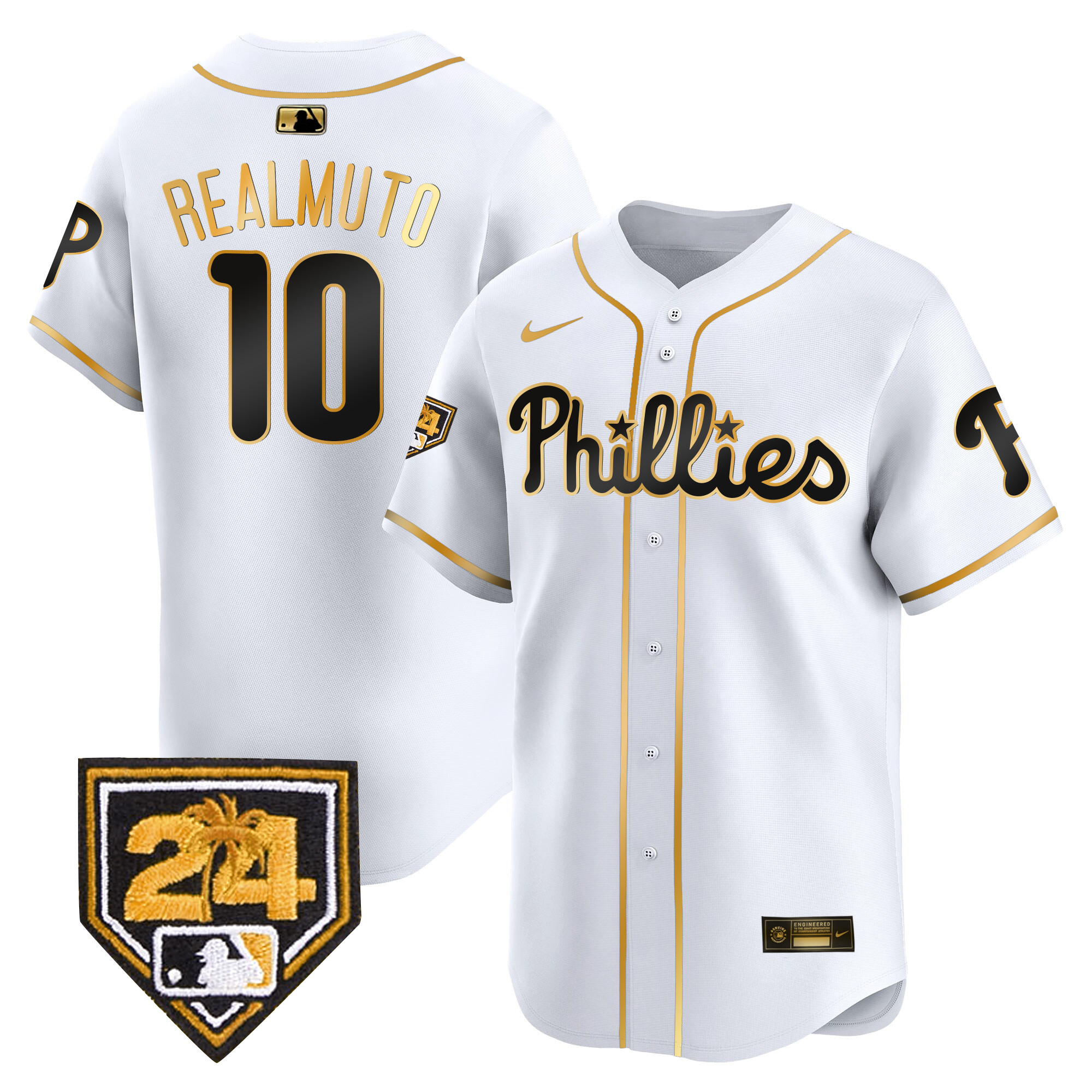 J.T. Realmuto Men's Philadelphia Phillies 2024 Spring Training Patch Vapor Premier Limited White Gold Jersey - All Stitched