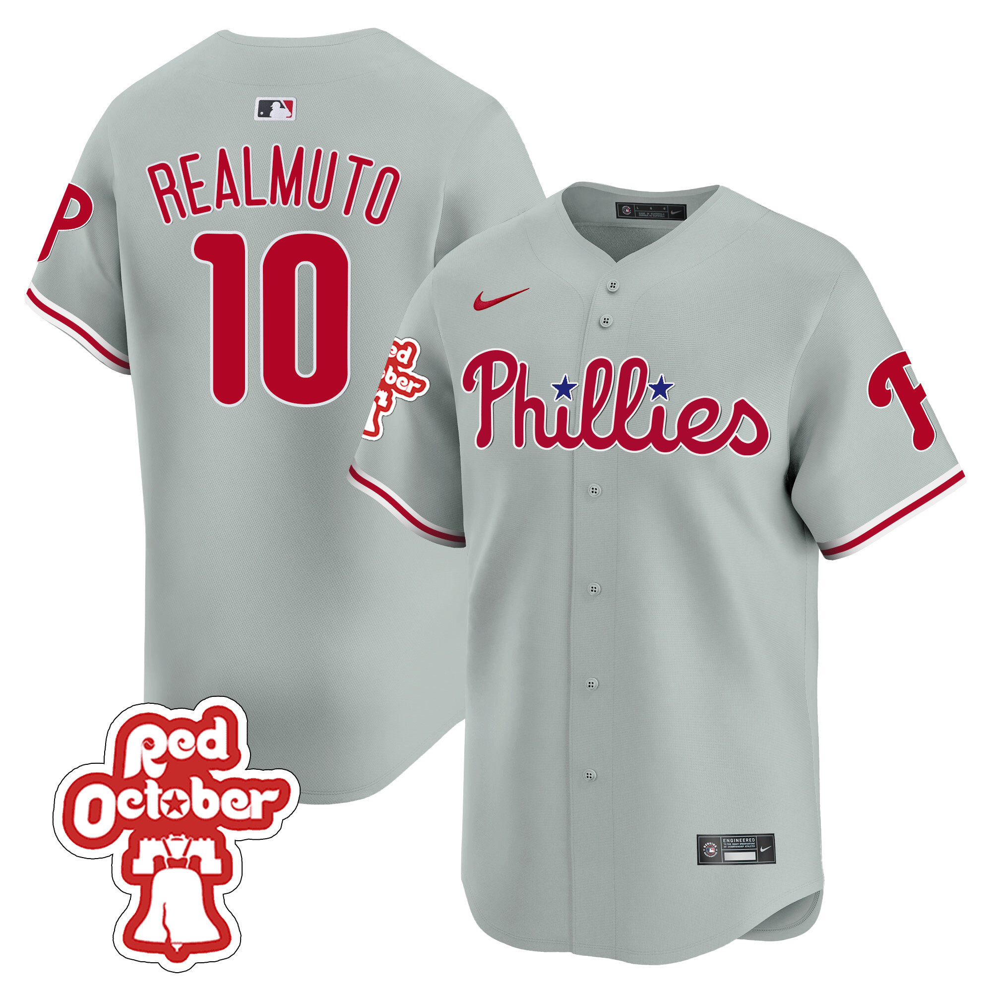 J.T. Realmuto Men's Philadelphia Phillies Red Octorber Patch Vapor Premier Limited Gray Road Jersey - All Stitched