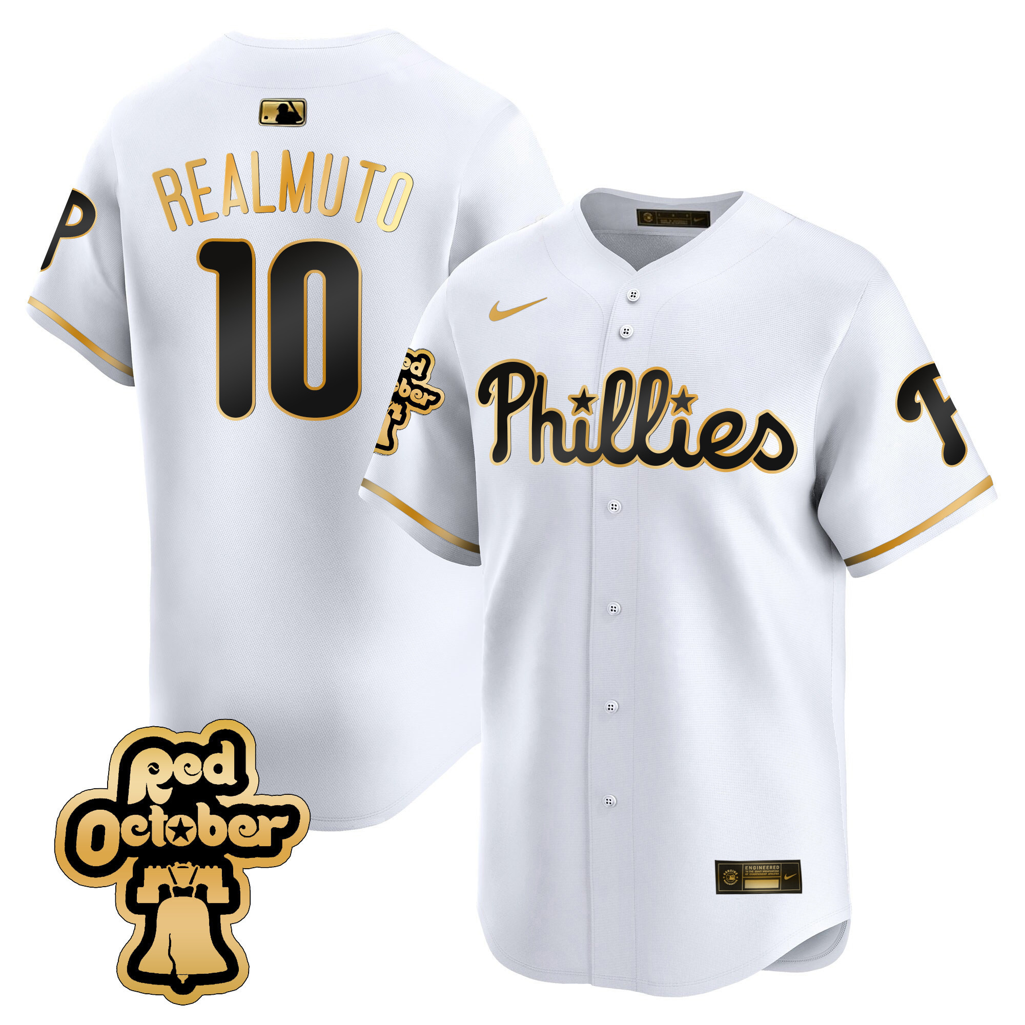 J.T. Realmuto Men's Philadelphia Phillies Red Octorber Patch Vapor Premier Limited White Gold Jersey - All Stitched