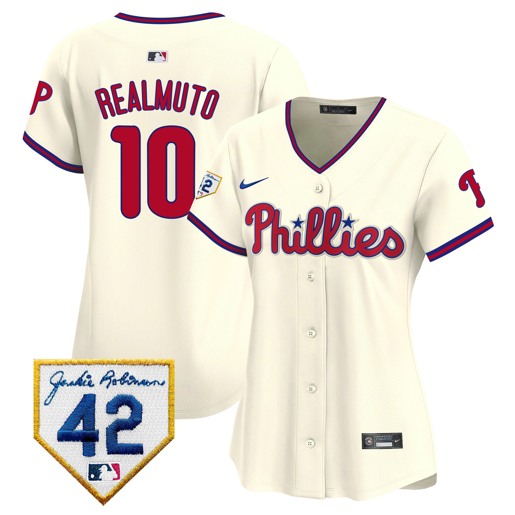 J.T. Realmuto Women's Philadelphia Phillies 2024 Jackie Robinson Patch Vapor Premier Limited Cream Jersey - All Stitched