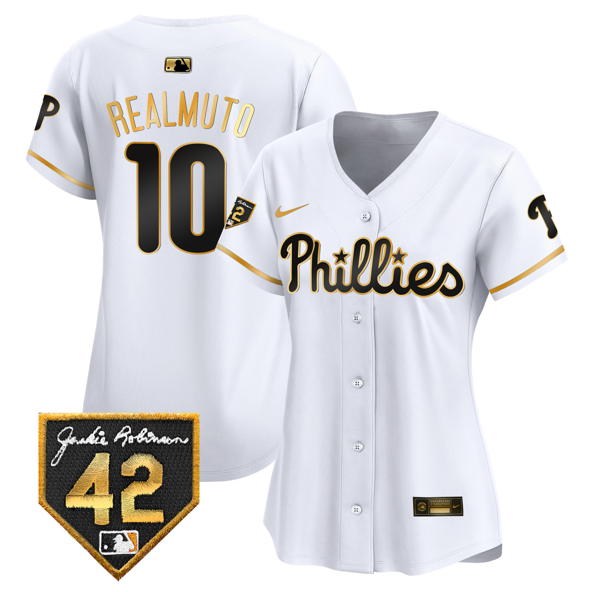 J.T. Realmuto Women's Philadelphia Phillies 2024 Jackie Robinson Patch Vapor Premier Limited White Gold Jersey - All Stitched