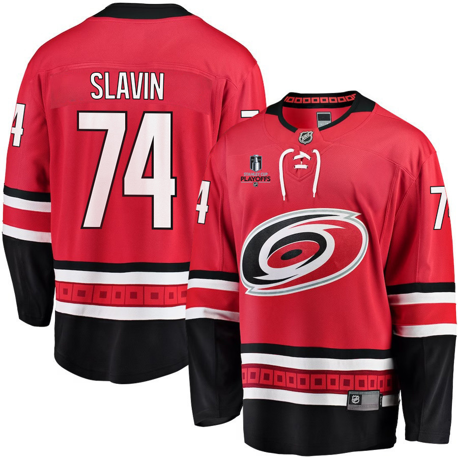 Jaccob Slavin 74 Carolina Hurricanes Stanley Cup 2023 Playoffs Patch Home Breakaway Men Stitched Jersey – Red