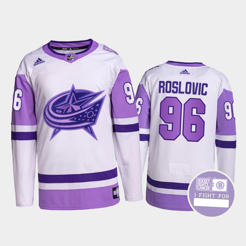 Jack Roslovic Columbus Blue Jackets Fights Cancer Jersey Purple White #96 Pro