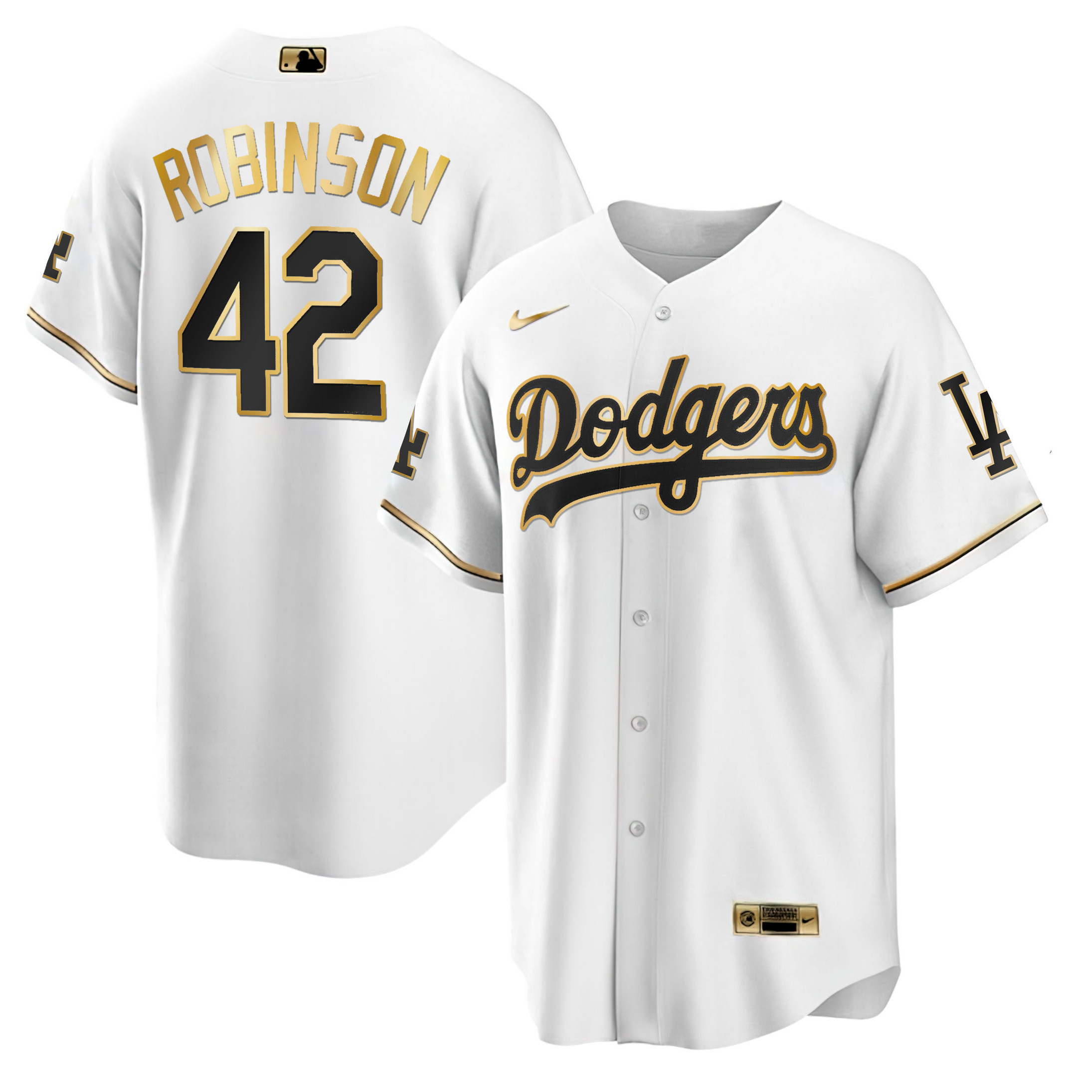 Jackie Robinson Los Angeles Dodgers White Gold & Black Gold Cool White Jersey - All Stitched