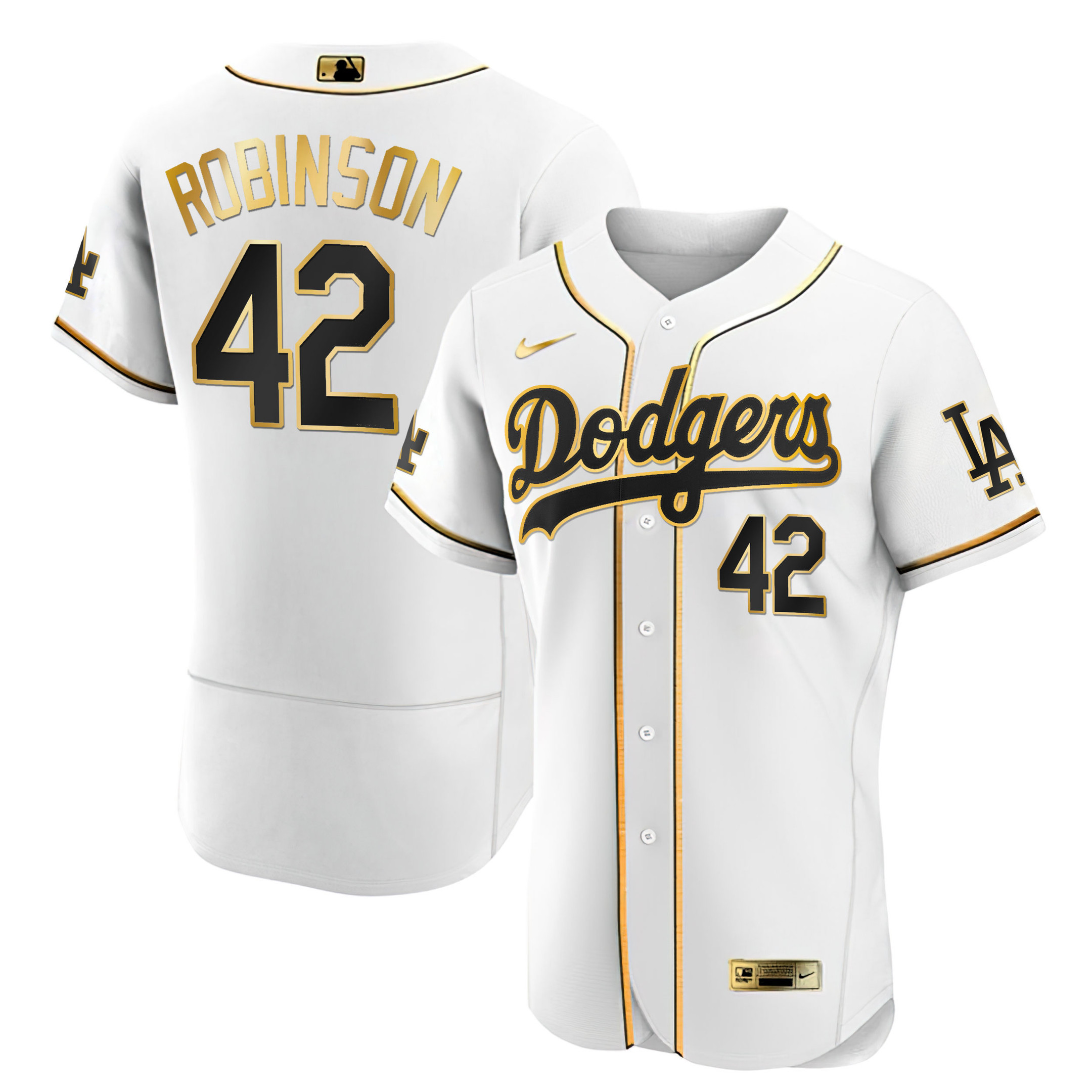 Jackie Robinson Los Angeles Dodgers White Gold & Black Gold Flex White Jersey - All Stitched
