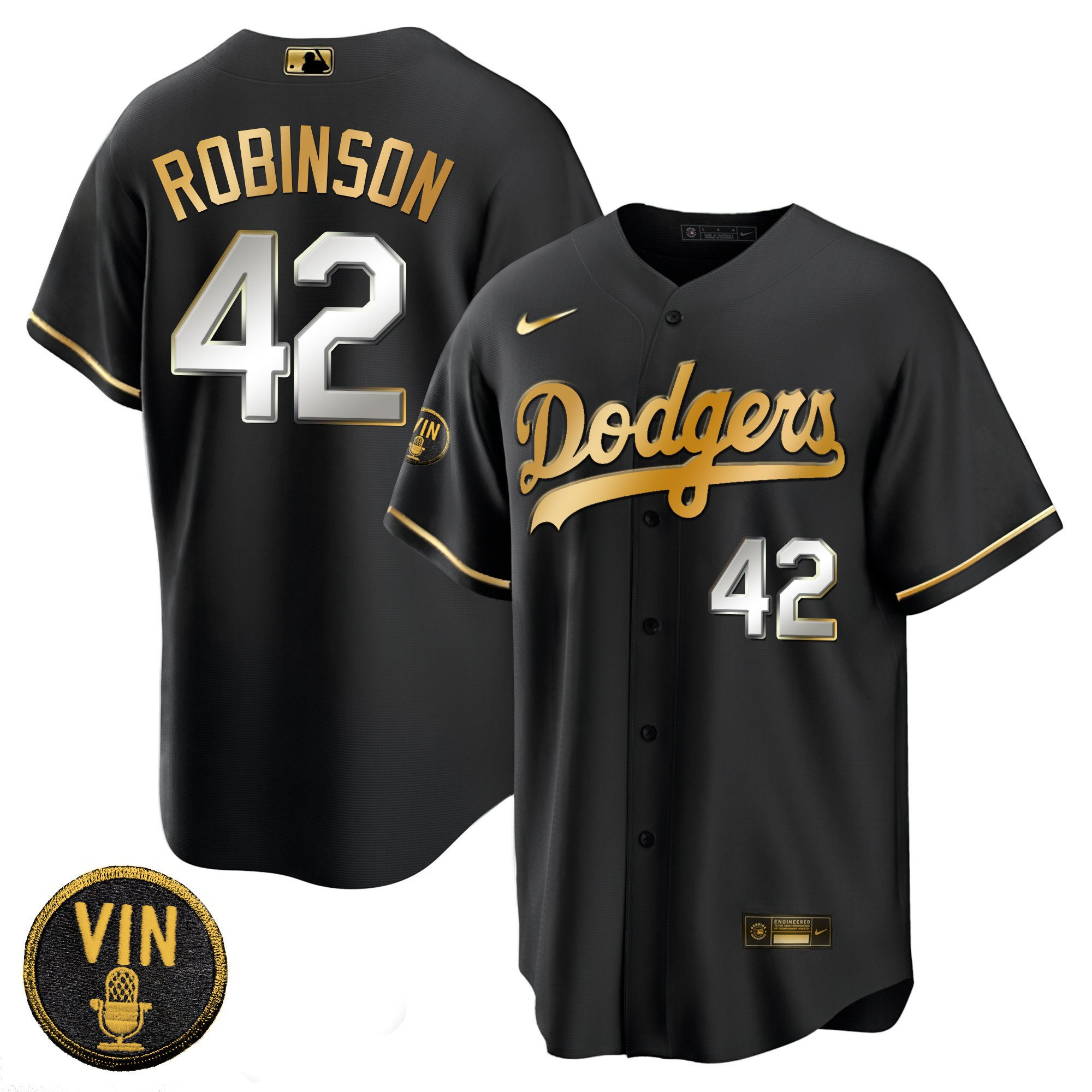 Jackie Robinson Men's Los Angeles Dodgers Black Limited Vin Scully Patch Gold Cool Black Limited Jersey - All Stitched