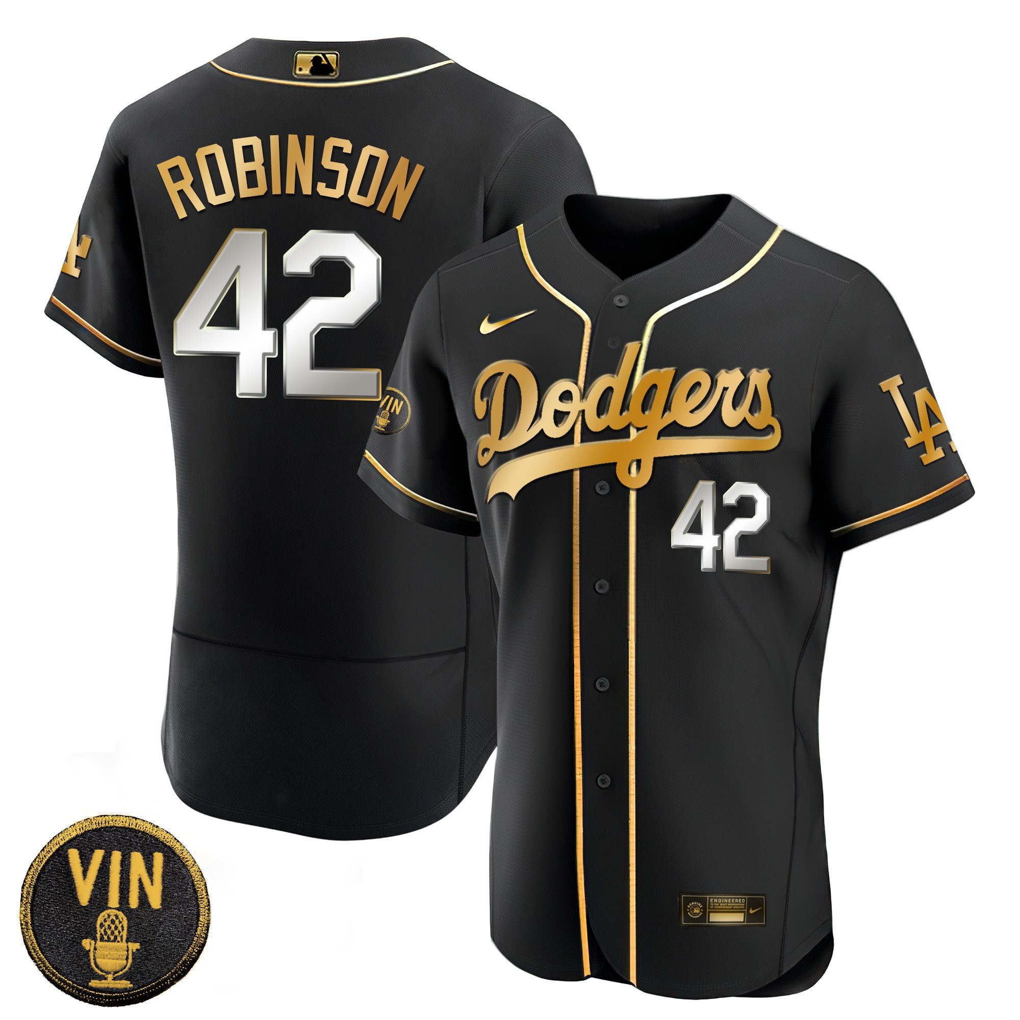 Jackie Robinson Men's Los Angeles Dodgers Black Limited Vin Scully Patch Gold Flex Black Limited Jersey - All Stitched