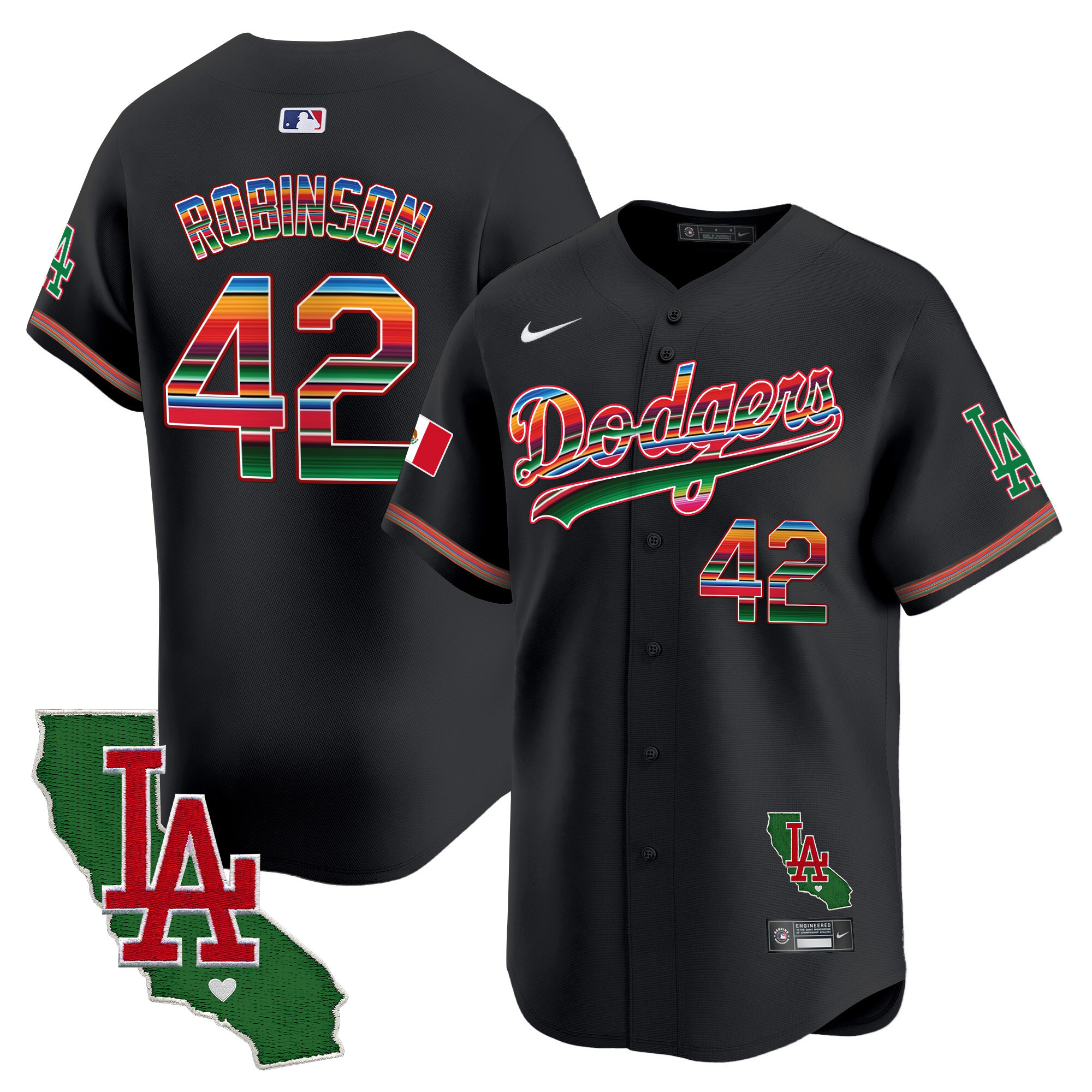 Jackie Robinson Men's Los Angeles Dodgers Mexico California Patch Vapor Premier Limited Black Jersey - All Stitched