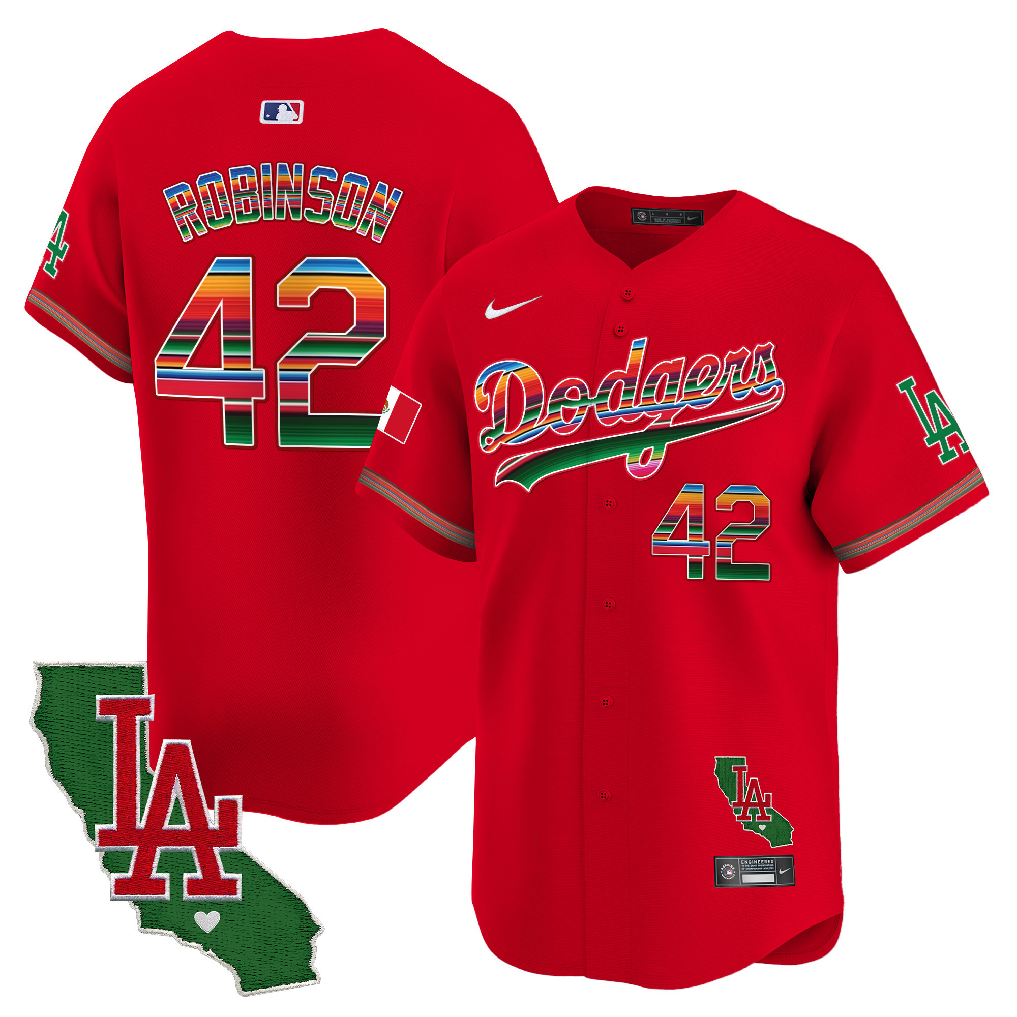Jackie Robinson Men's Los Angeles Dodgers Mexico California Patch Vapor Premier Limited Red Jersey - All Stitched