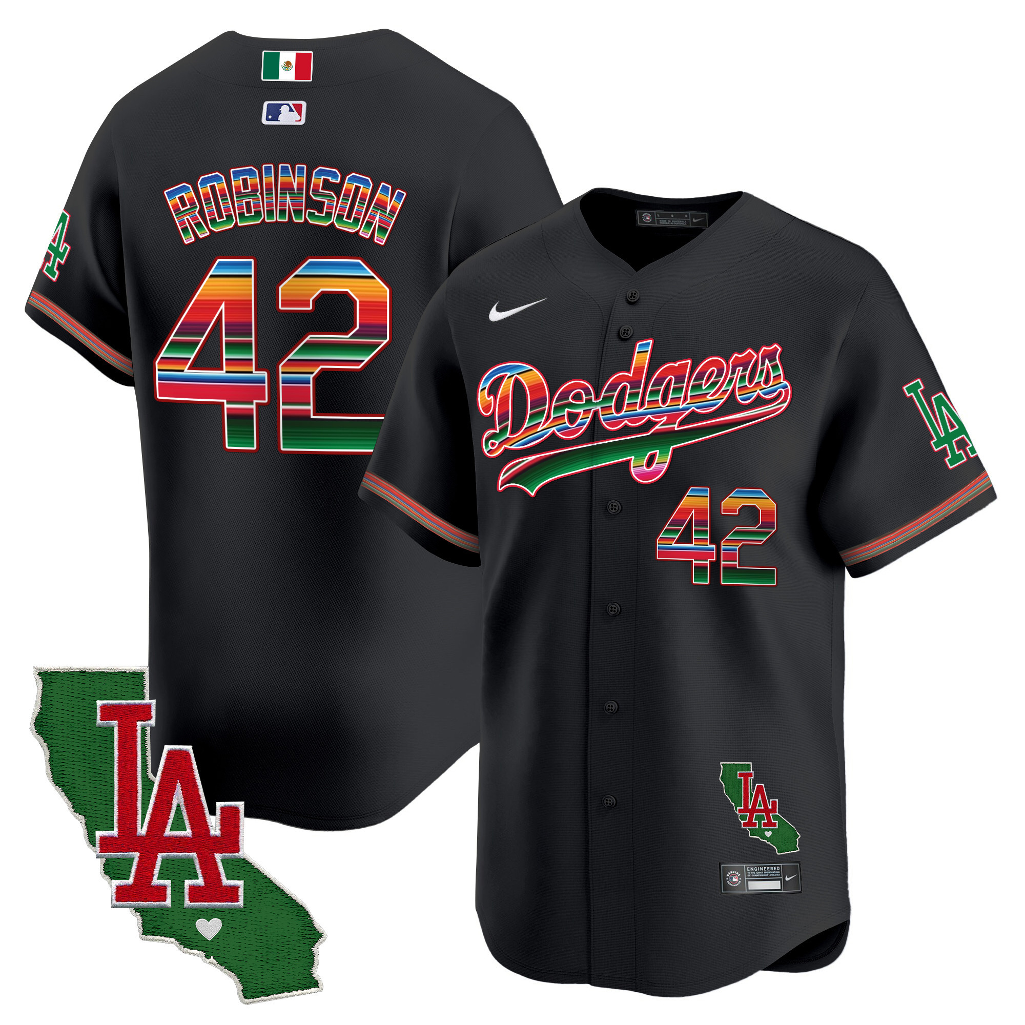 Jackie Robinson Men's Los Angeles Dodgers Mexico California Patch Vapor Premier Limited V2 Black Jersey - All Stitched