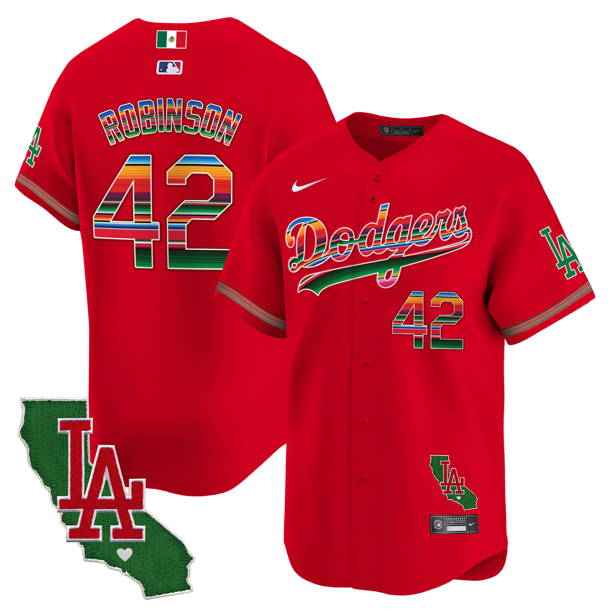Jackie Robinson Men's Los Angeles Dodgers Mexico California Patch Vapor Premier Limited V2 Red Jersey - All Stitched