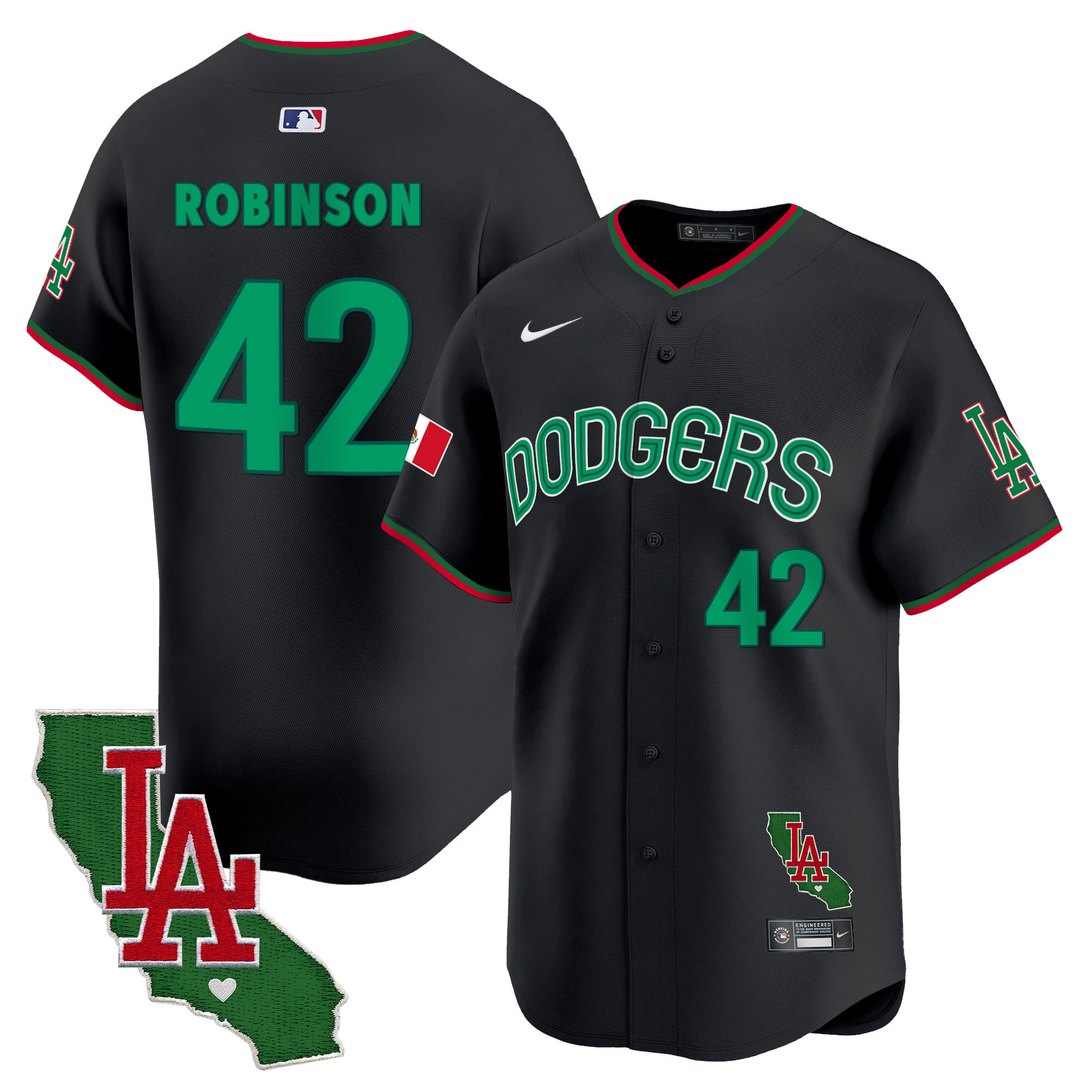 Jackie Robinson Men's Los Angeles Dodgers Mexico California Patch Vapor Premier Limited V3 Black Jersey - All Stitched