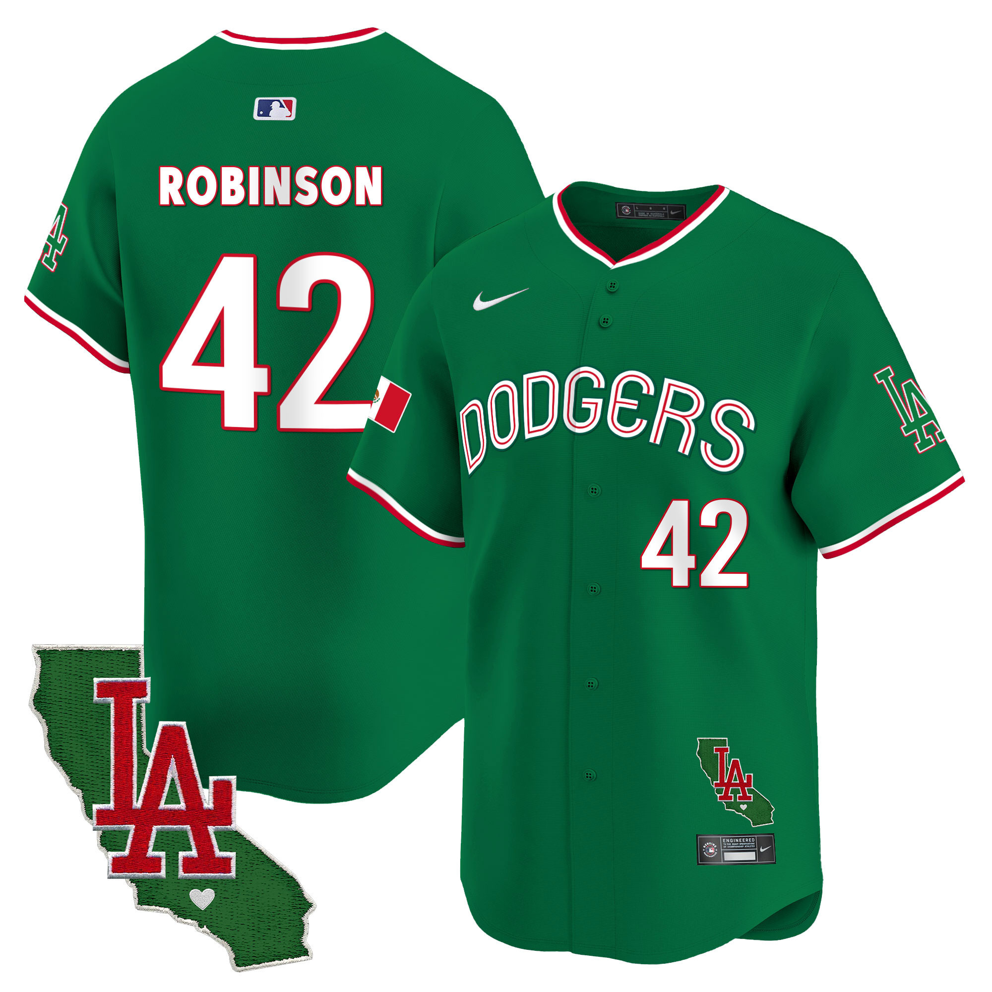 Jackie Robinson Men's Los Angeles Dodgers Mexico California Patch Vapor Premier Limited V3 Green Jersey - All Stitched