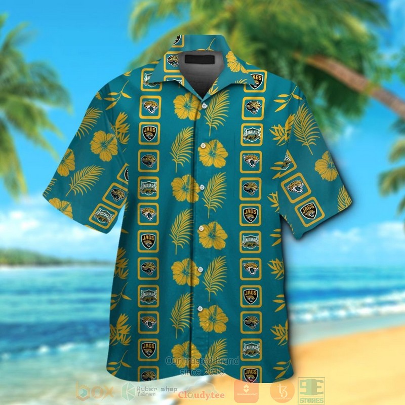 Jacksonville Jaguars logo gold Hibiscus teal Hawaiian Shirt