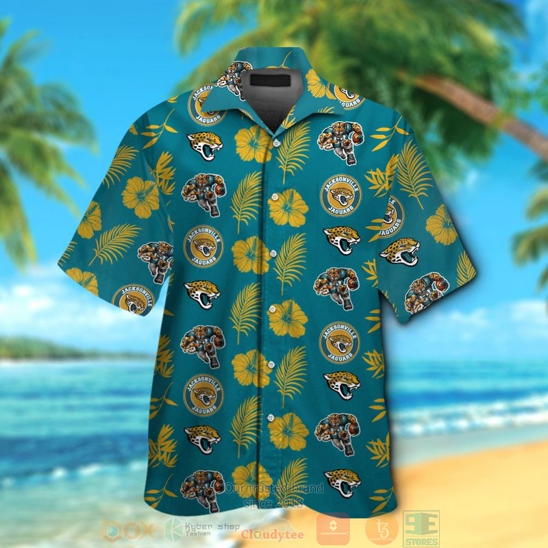 Jacksonville Jaguars logo Hibiscus gold teal Hawaiian Shirt