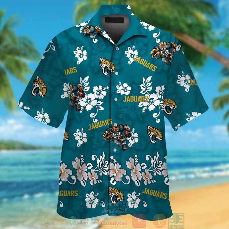 Jacksonville Jaguars logo white Hibiscus teal Hawaiian Shirt