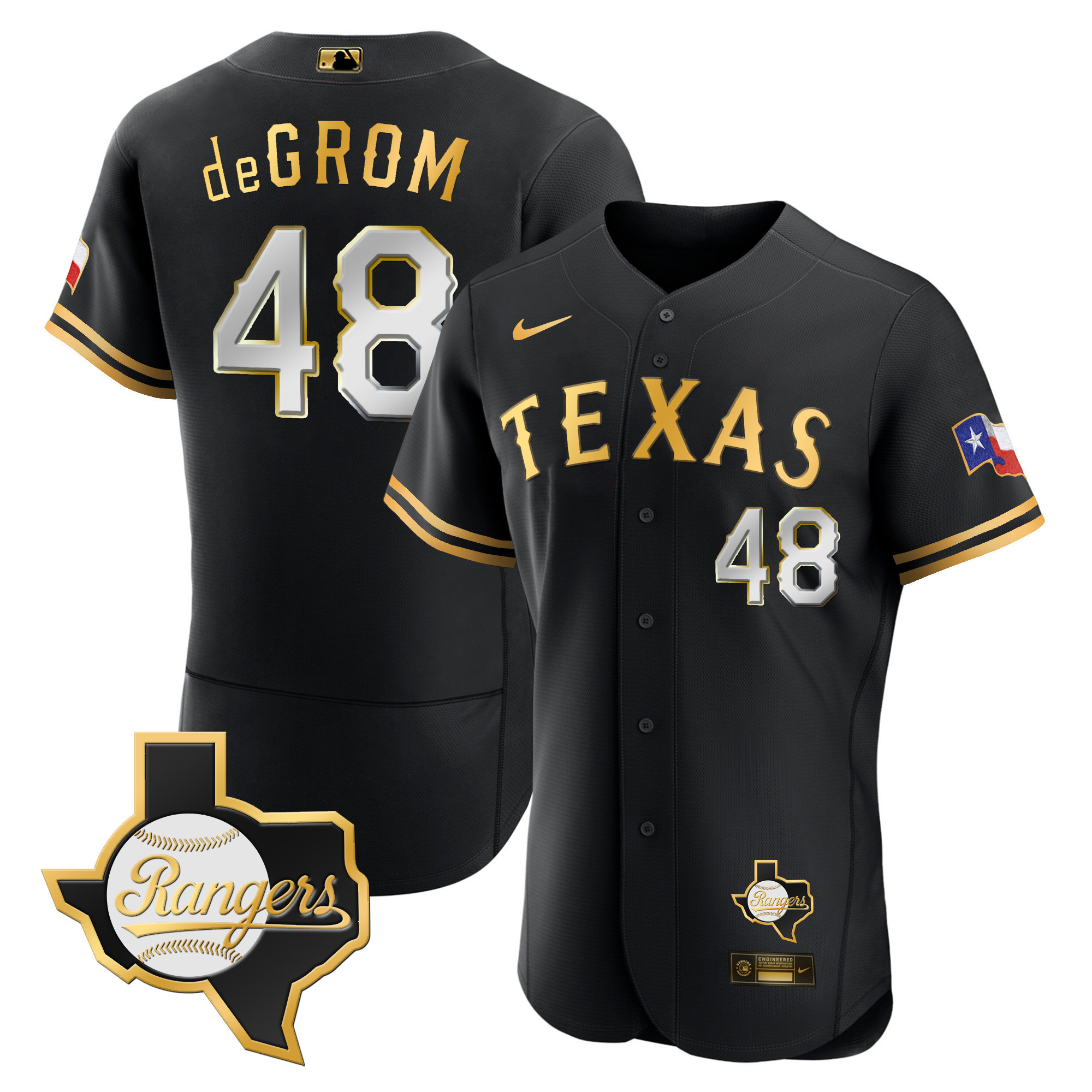 Jacob DeGrom Men's Texas Rangers 2023 Flex Base - Texas Patch Black Gold Jersey - All Stitched