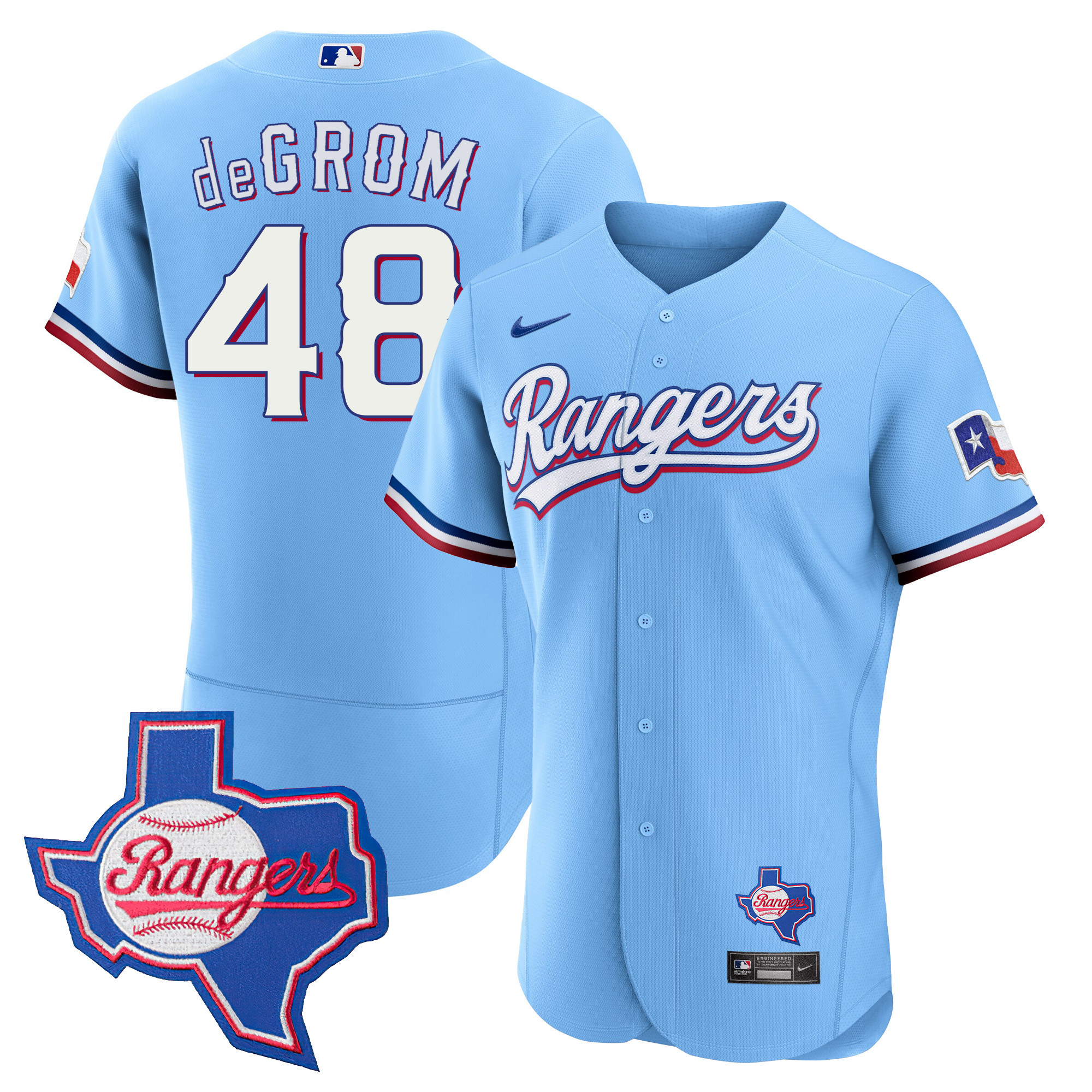Jacob DeGrom Men's Texas Rangers 2023 Flex Base - Texas Patch Blue Jersey - All Stitched