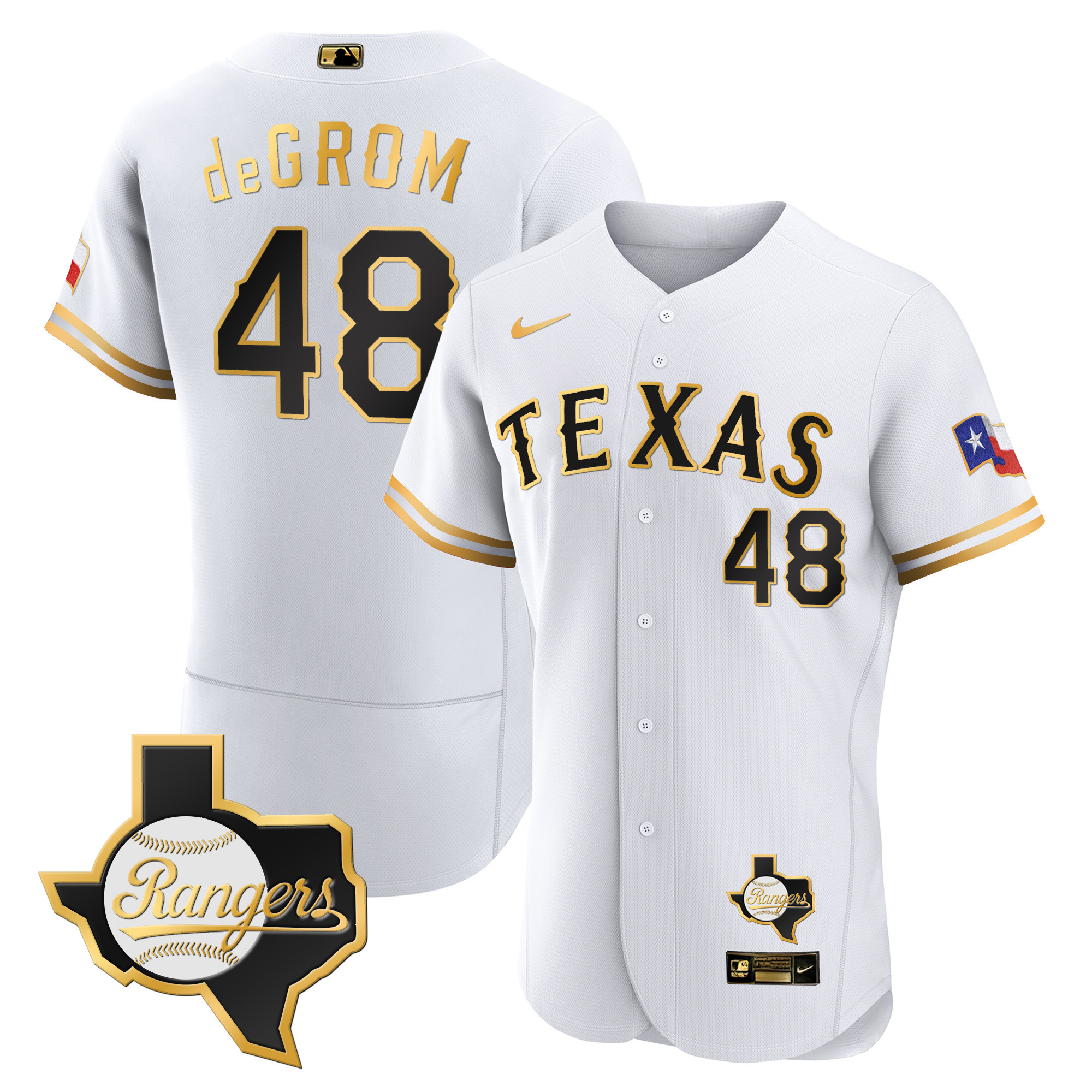 Jacob DeGrom Men's Texas Rangers 2023 Flex Base - Texas Patch White Gold Jersey - All Stitched
