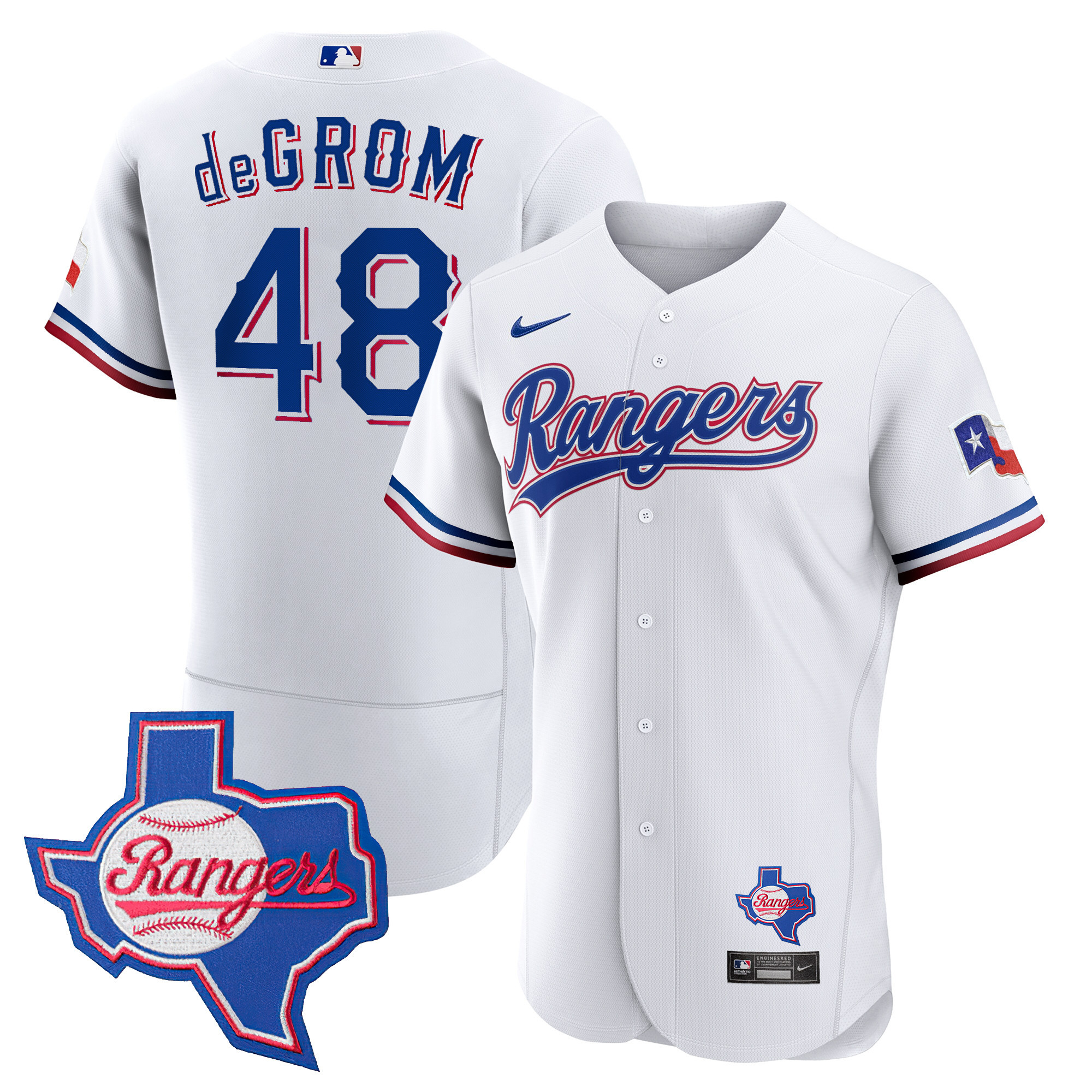Jacob DeGrom Men's Texas Rangers 2023 Flex Base - Texas Patch White Jersey - All Stitched