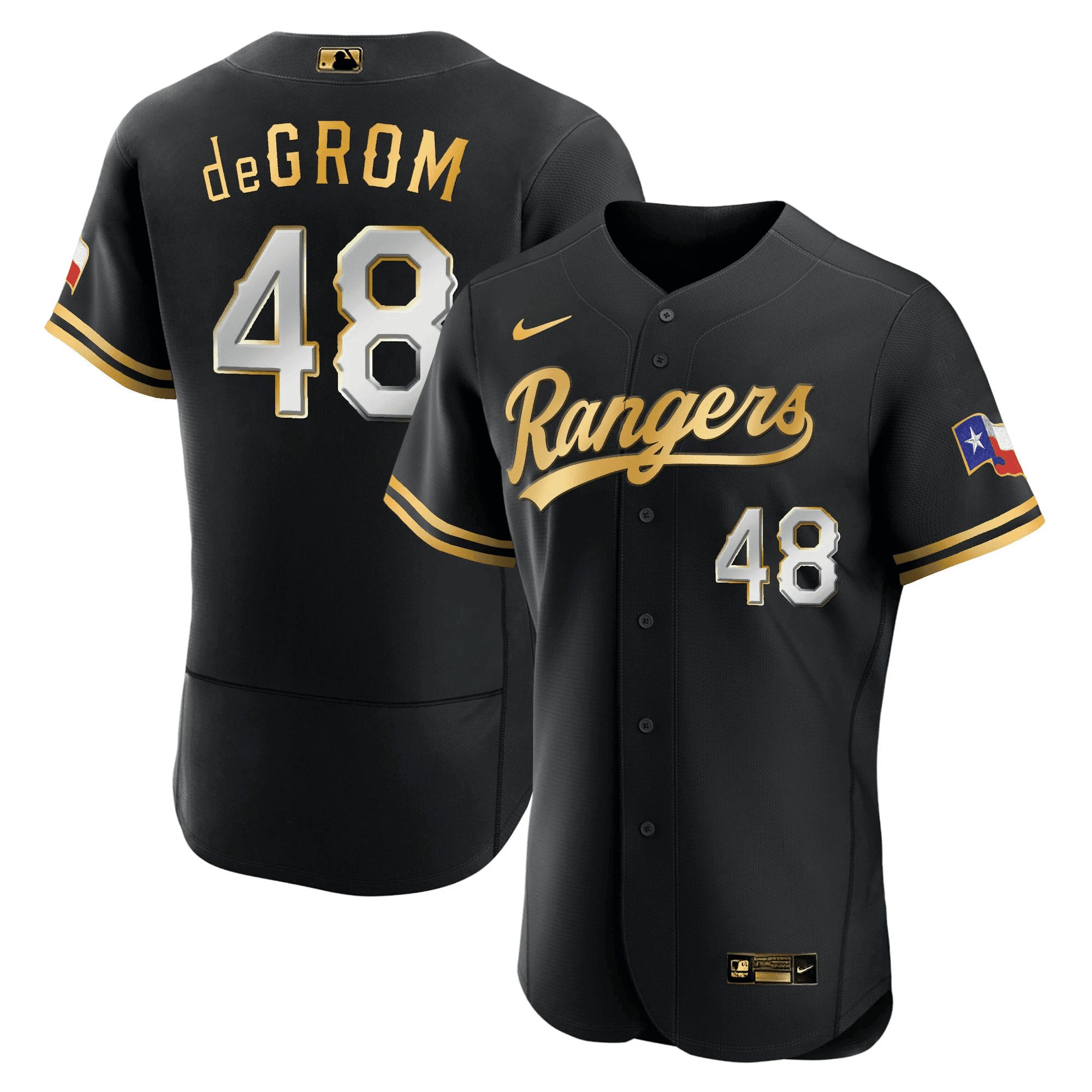 Jacob deGrom Men's Texas Rangers 2023 Gold Flex Black Jersey - All Stitched
