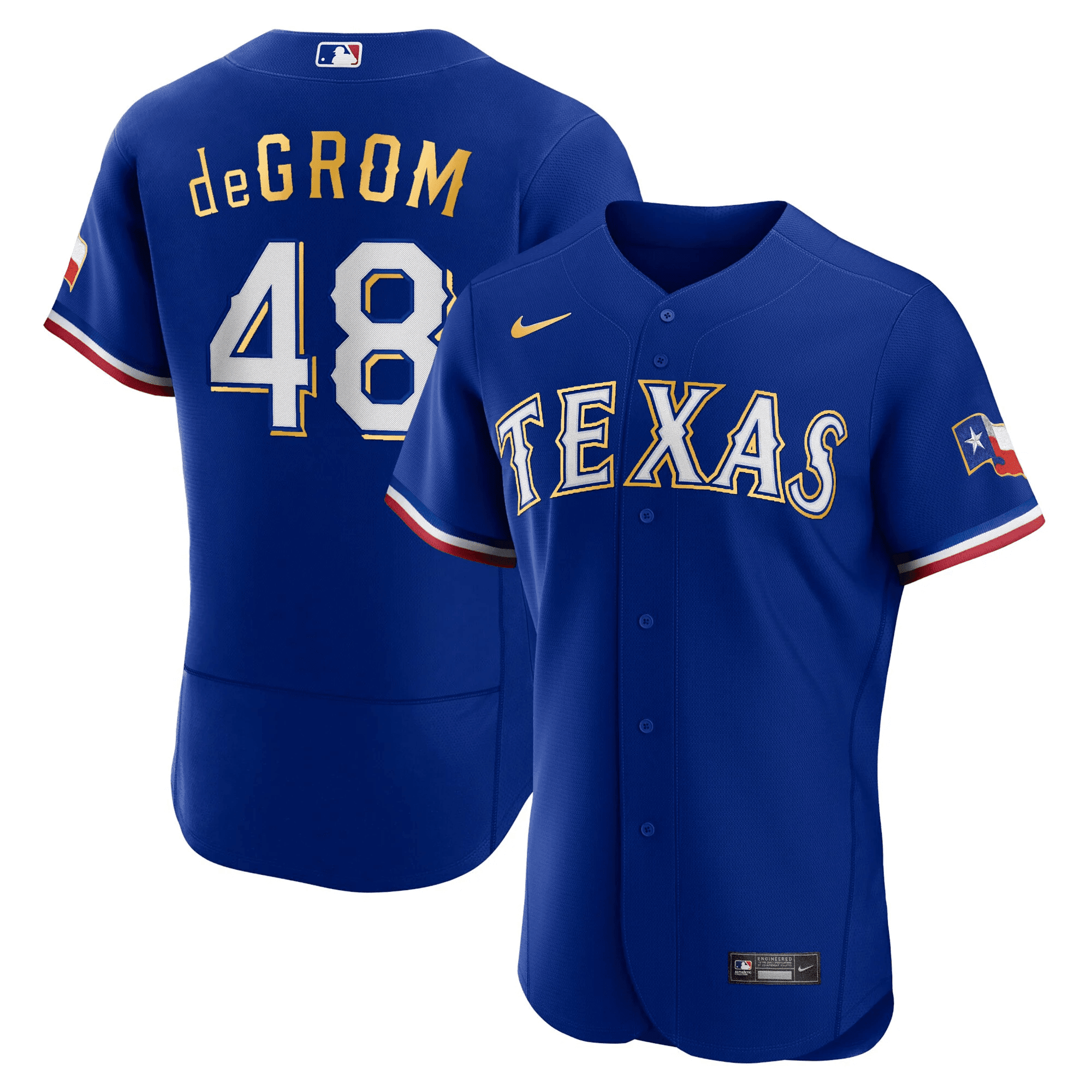 Jacob deGrom Men's Texas Rangers 2023 Gold Trim Flex Royal Jersey - All Stitched