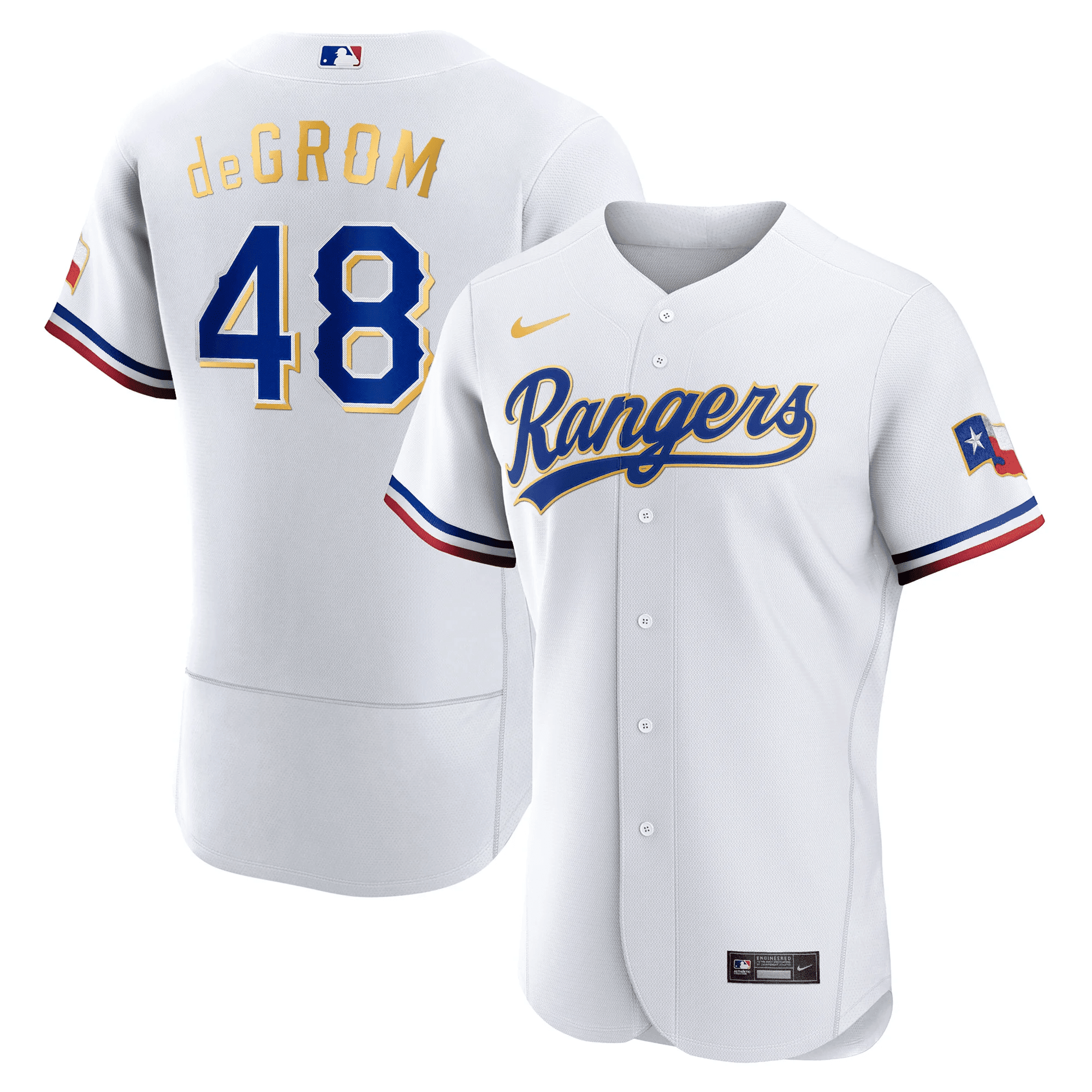Jacob deGrom Men's Texas Rangers 2023 Gold Trim Flex White Jersey - All Stitched
