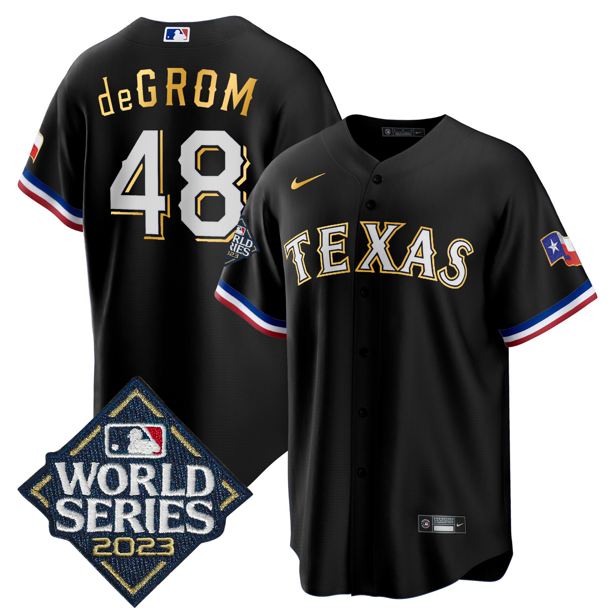 Jacob DeGrom Men's Texas Rangers 2023 World Series Cool Base Gold Trim Black Jersey - All Stitched