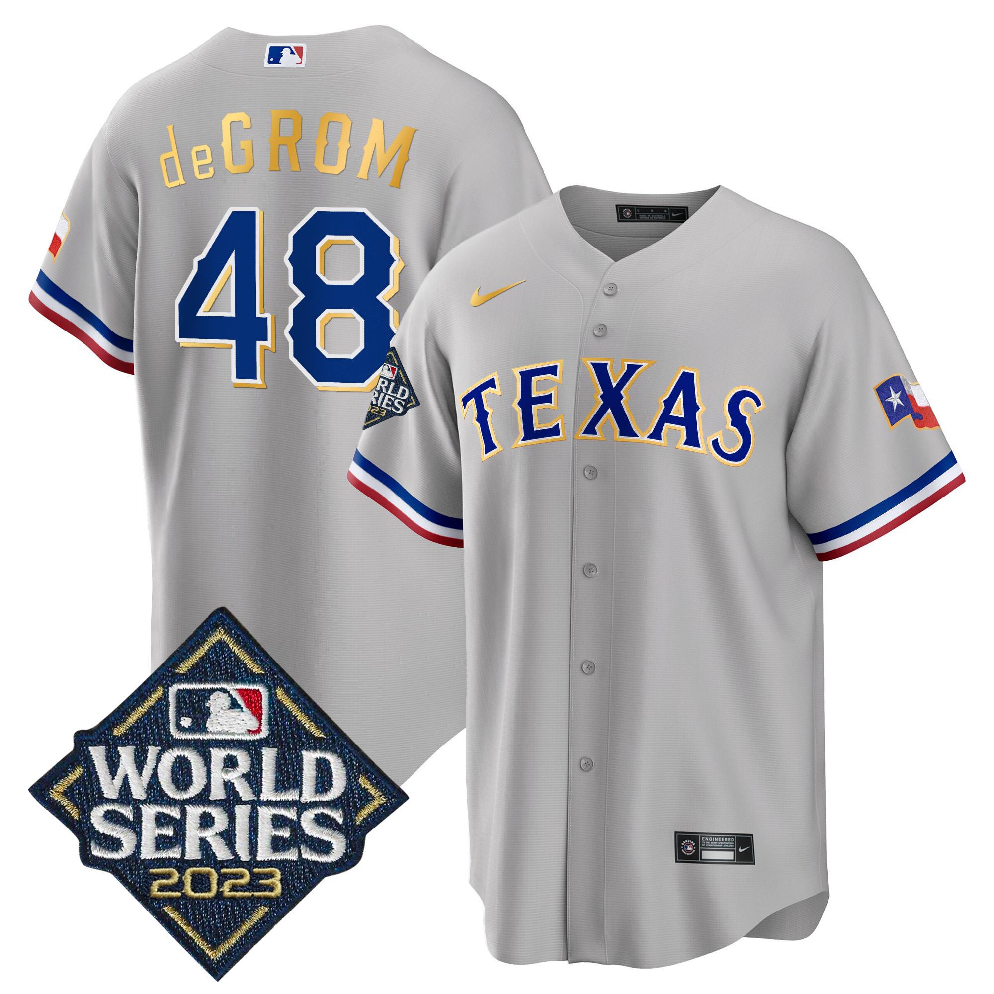 Jacob DeGrom Men's Texas Rangers 2023 World Series Cool Base Gold Trim Gray Jersey - All Stitched