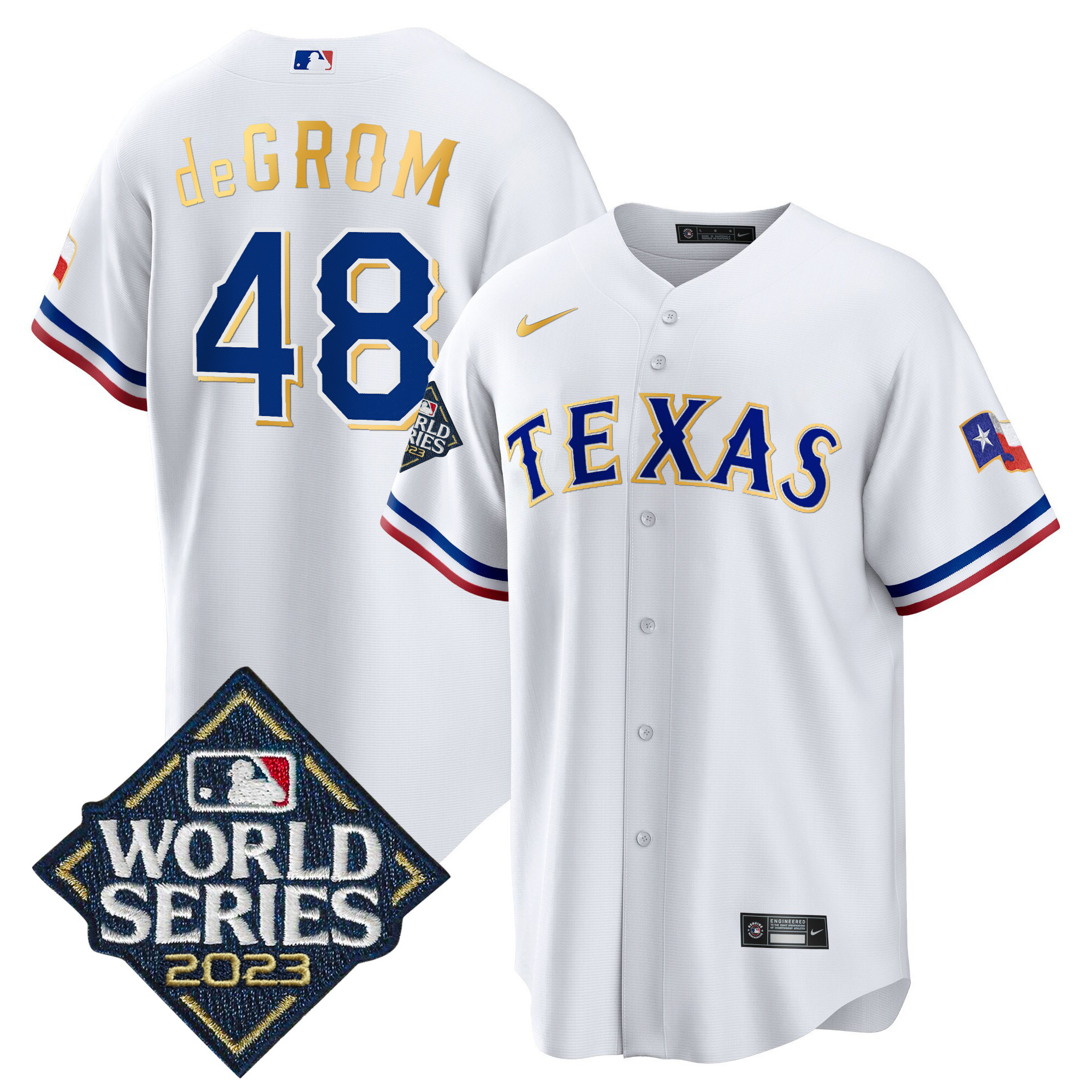 Jacob DeGrom Men's Texas Rangers 2023 World Series Cool Base Gold Trim White Jersey - All Stitched