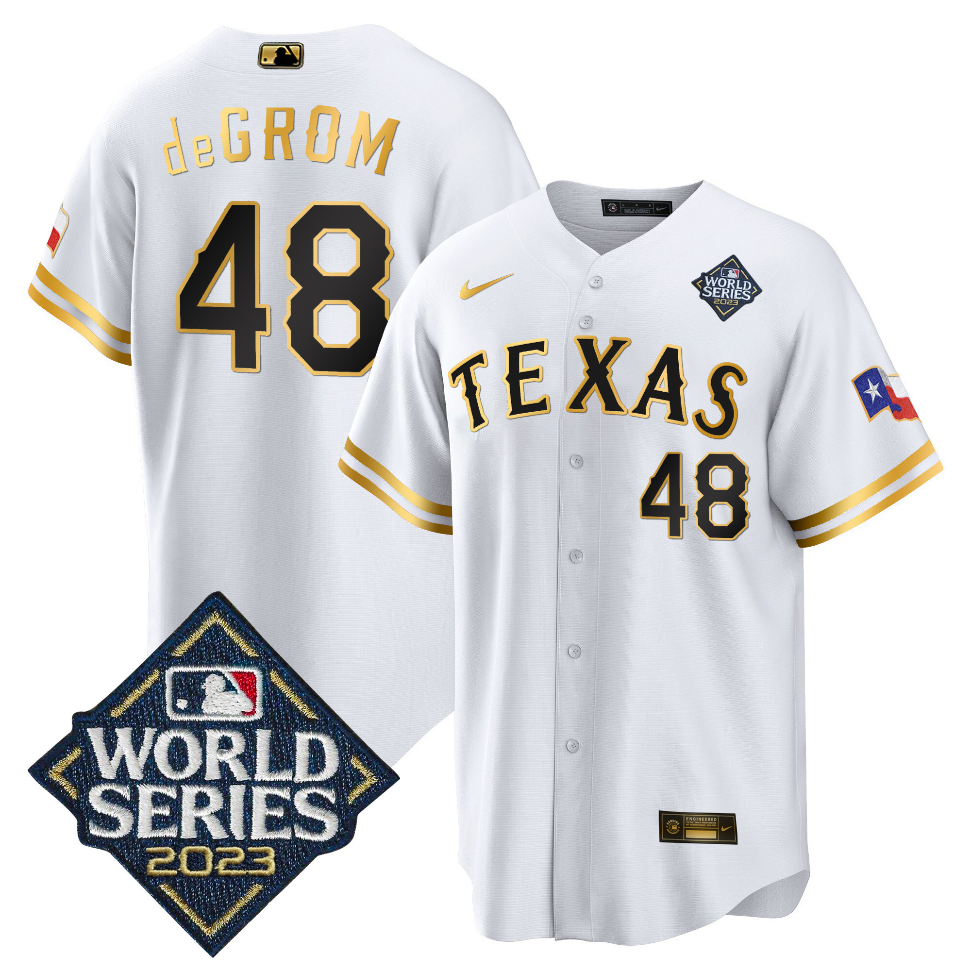 Jacob DeGrom Men's Texas Rangers 2023 World Series Cool Base V2 White Gold Jersey - All Stitched