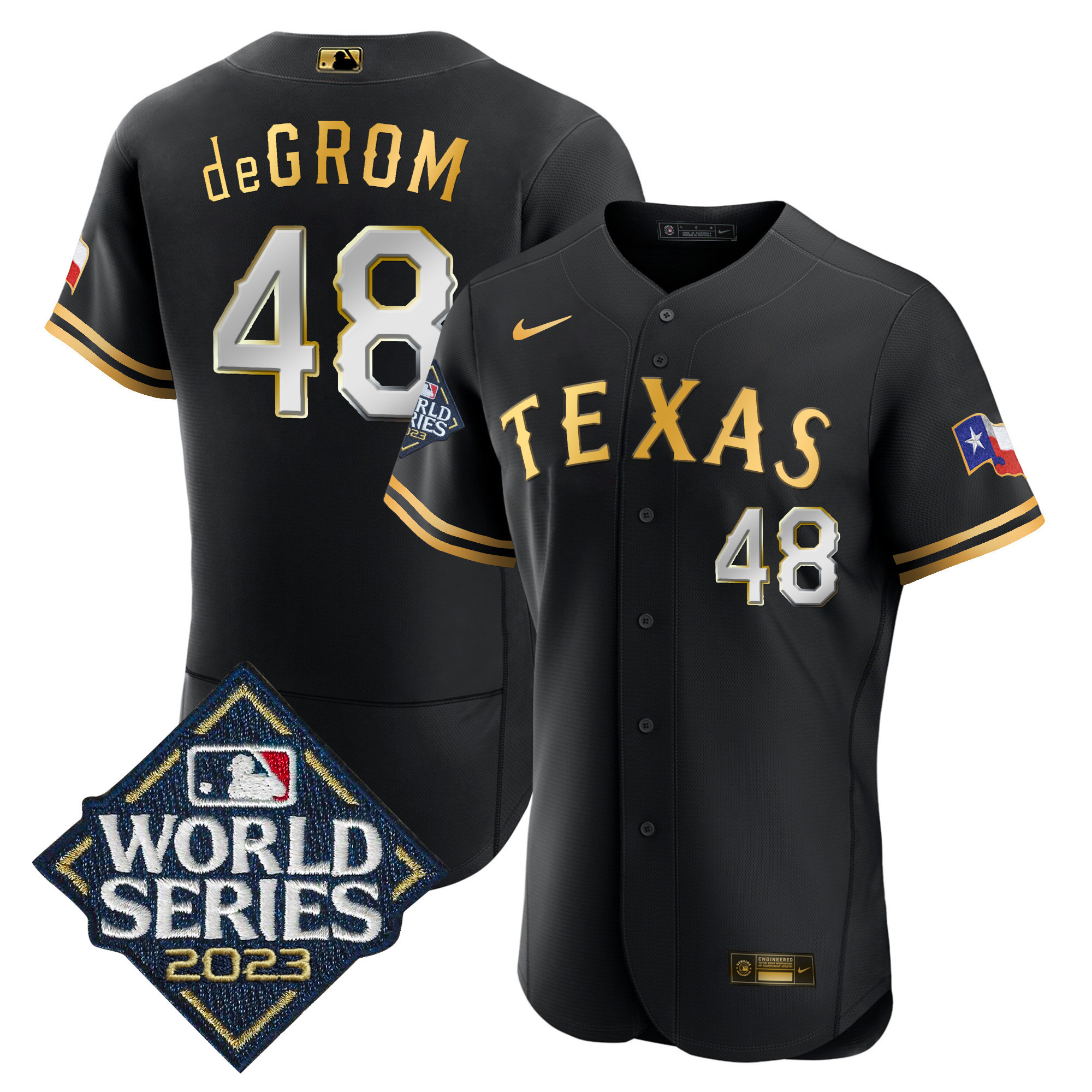 Jacob DeGrom Men's Texas Rangers 2023 World Series Flex Base Black Gold Jersey - All Stitched