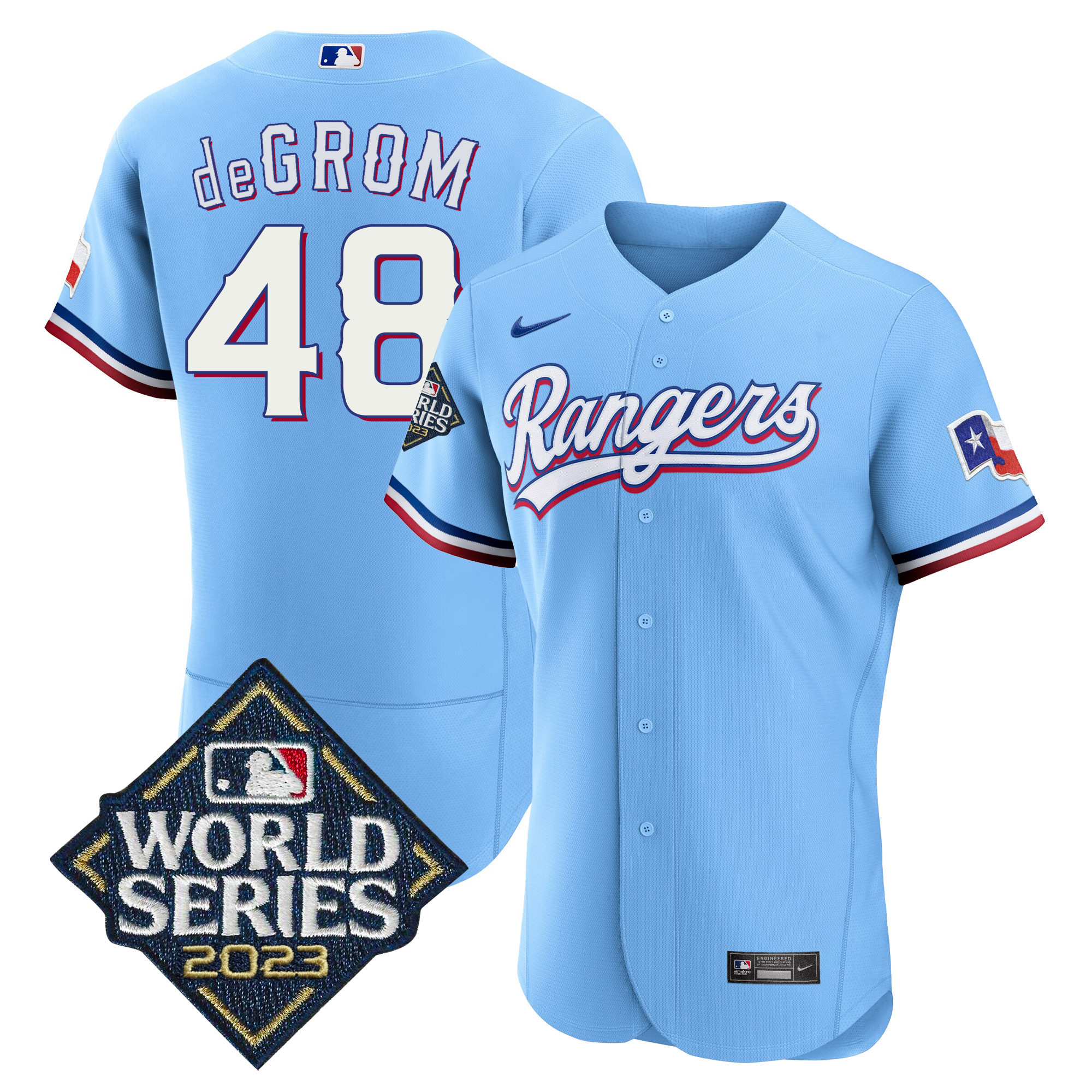 Jacob DeGrom Men's Texas Rangers 2023 World Series Flex Base Blue Jersey - All Stitched