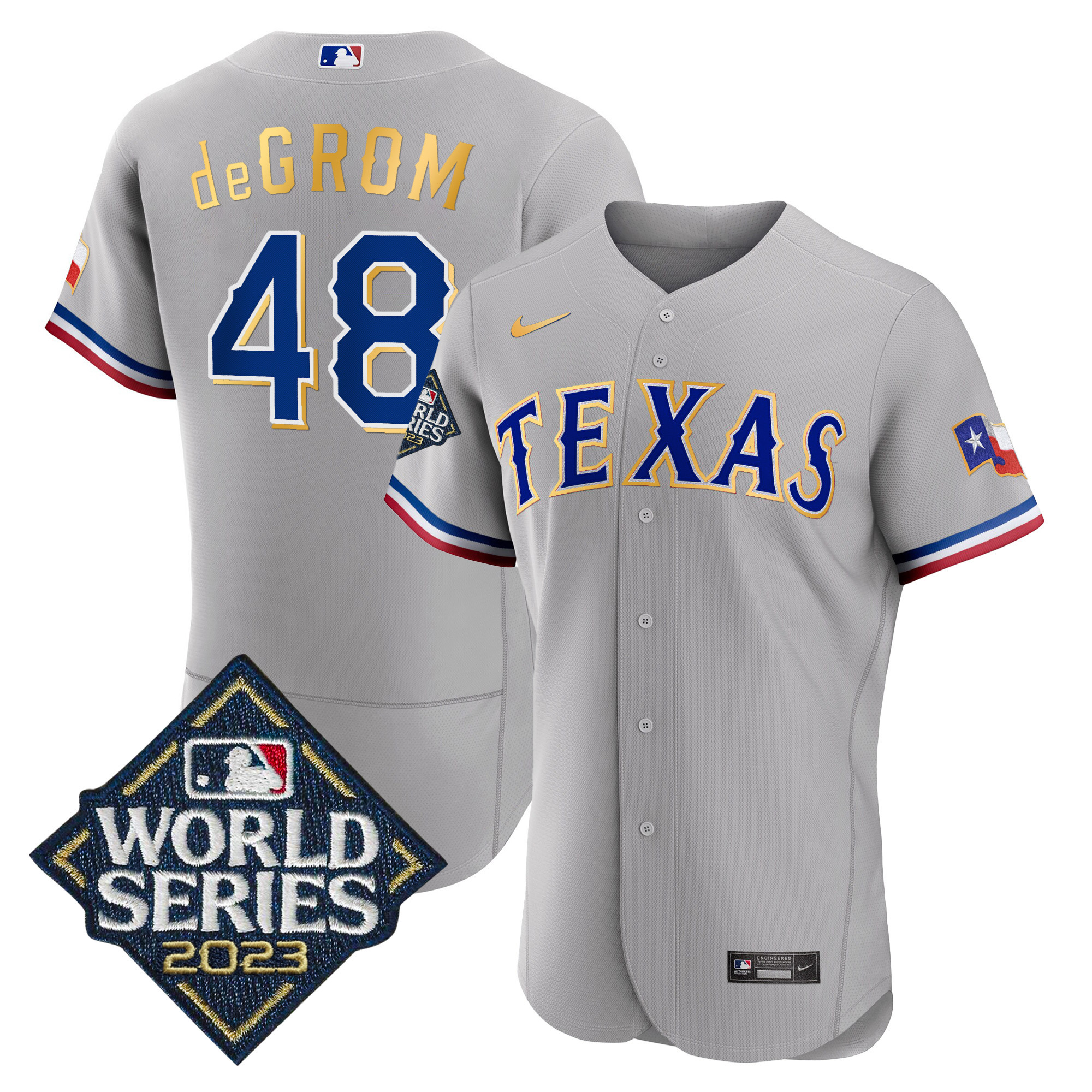 Jacob DeGrom Men's Texas Rangers 2023 World Series Flex Base Gold Trim Gray Jersey - All Stitched