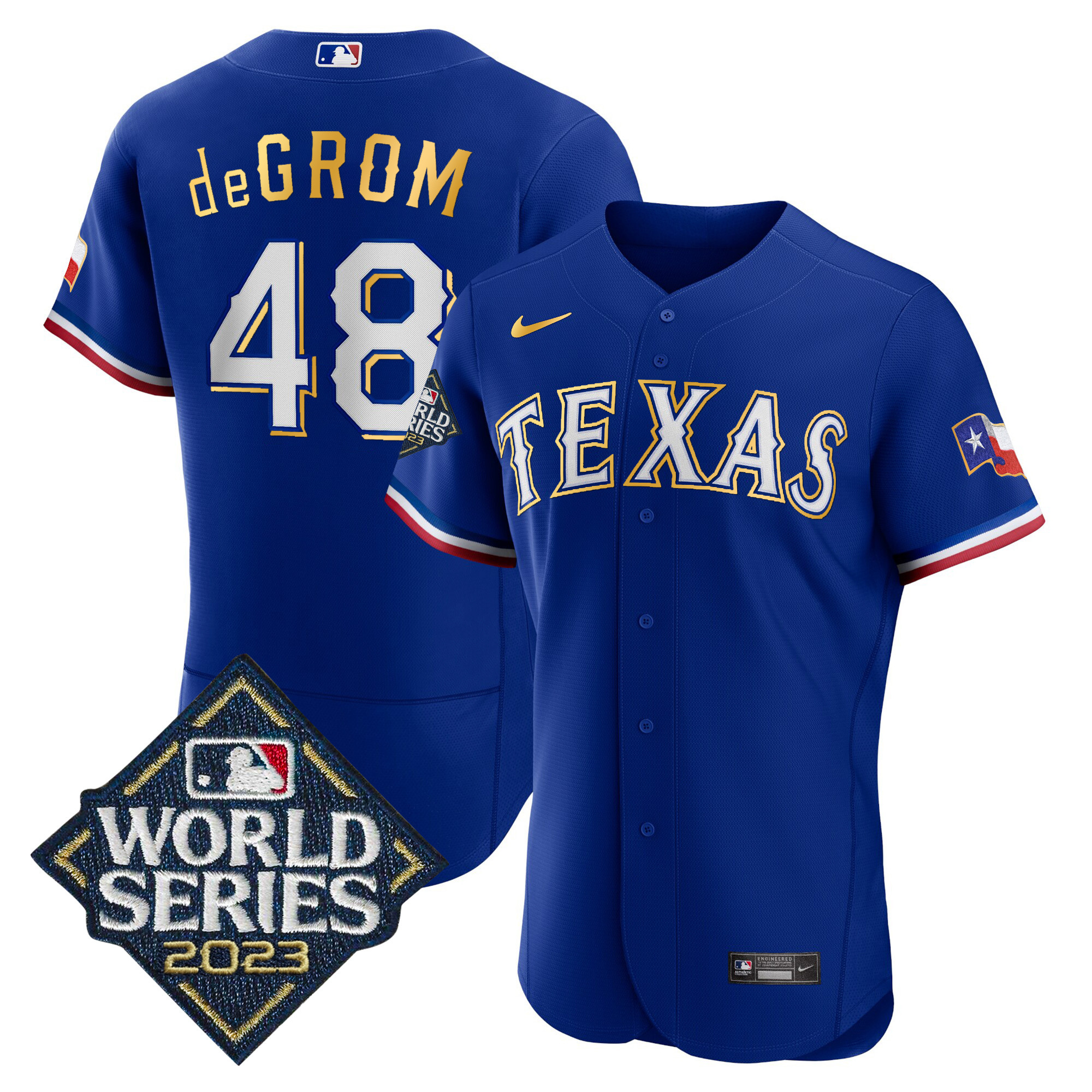 Jacob DeGrom Men's Texas Rangers 2023 World Series Flex Base Gold Trim Royal Jersey - All Stitched