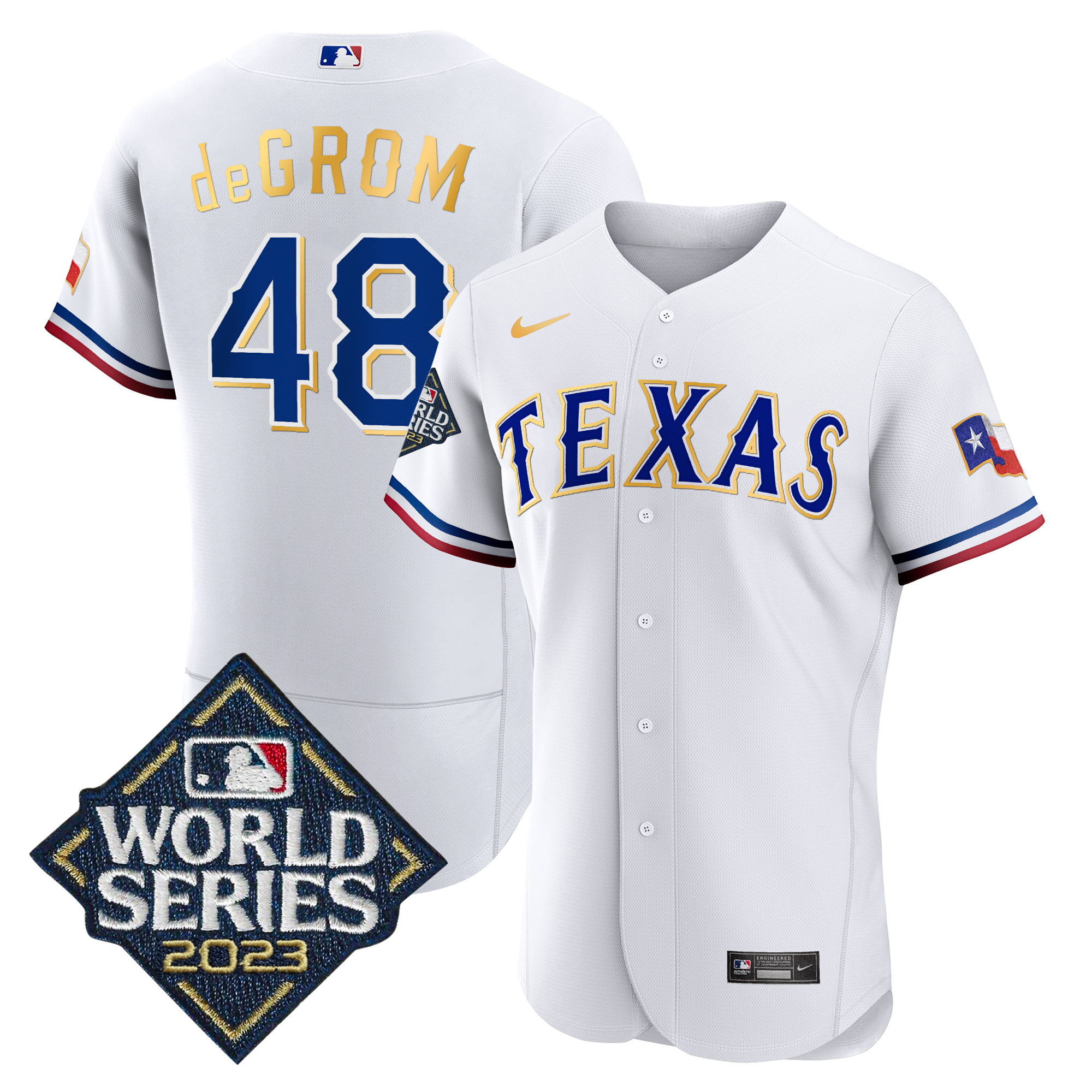 Jacob DeGrom Men's Texas Rangers 2023 World Series Flex Base Gold Trim White Jersey - All Stitched