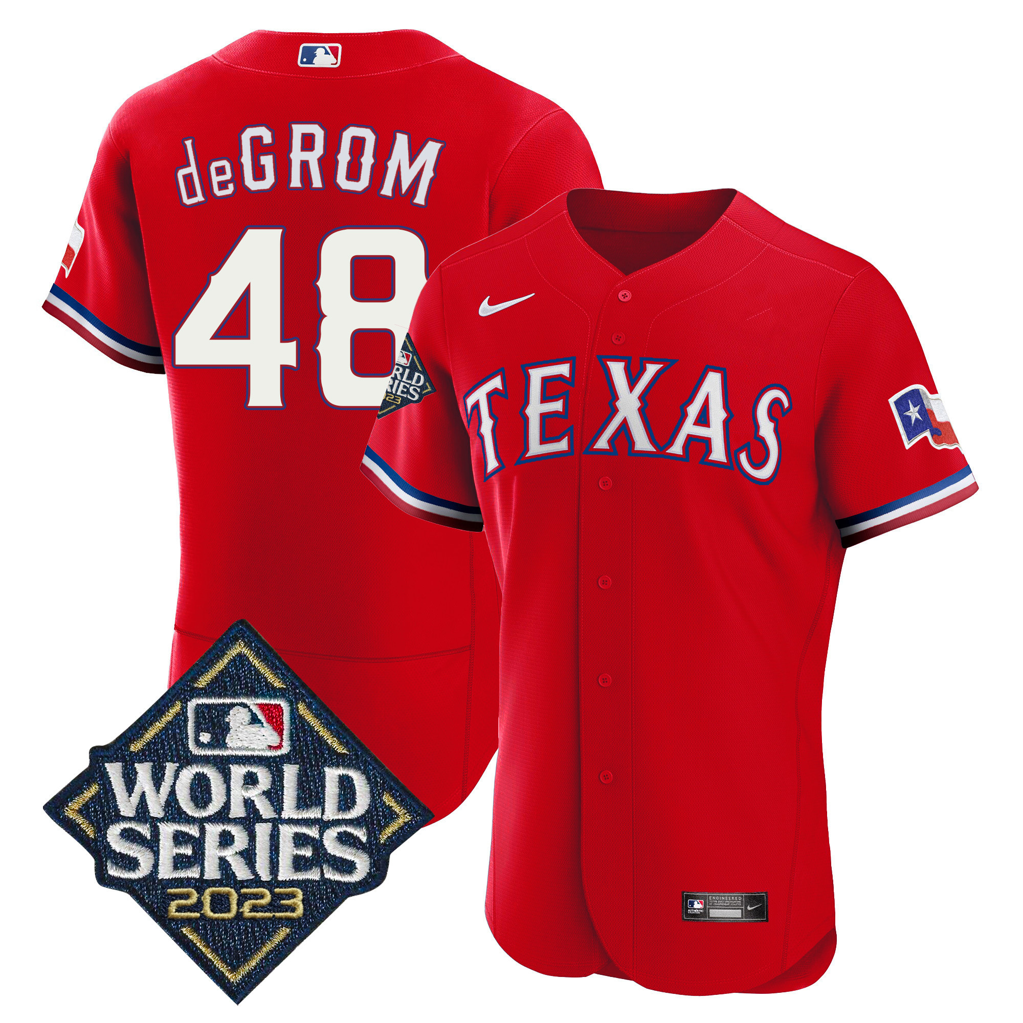 Jacob DeGrom Men's Texas Rangers 2023 World Series Flex Base Red Jersey - All Stitched