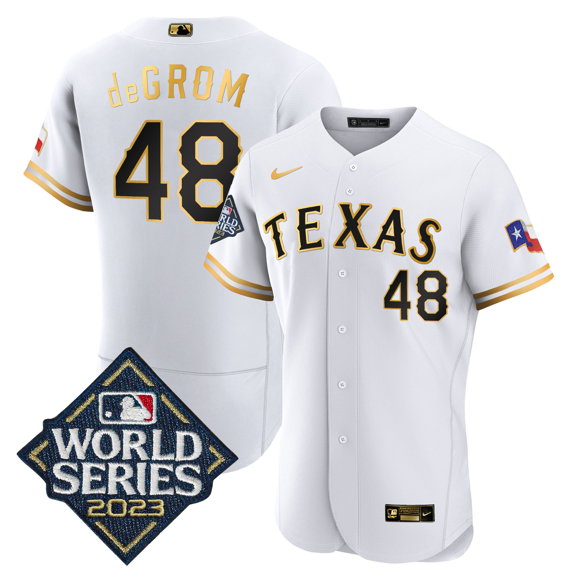 Jacob DeGrom Men's Texas Rangers 2023 World Series Flex Base White Gold Jersey - All Stitched