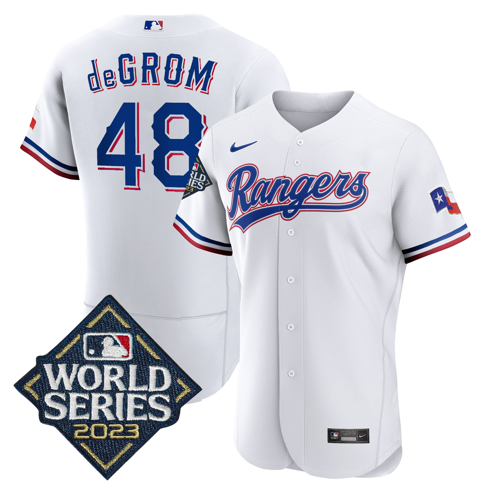Jacob DeGrom Men's Texas Rangers 2023 World Series Flex Base White Jersey - All Stitched