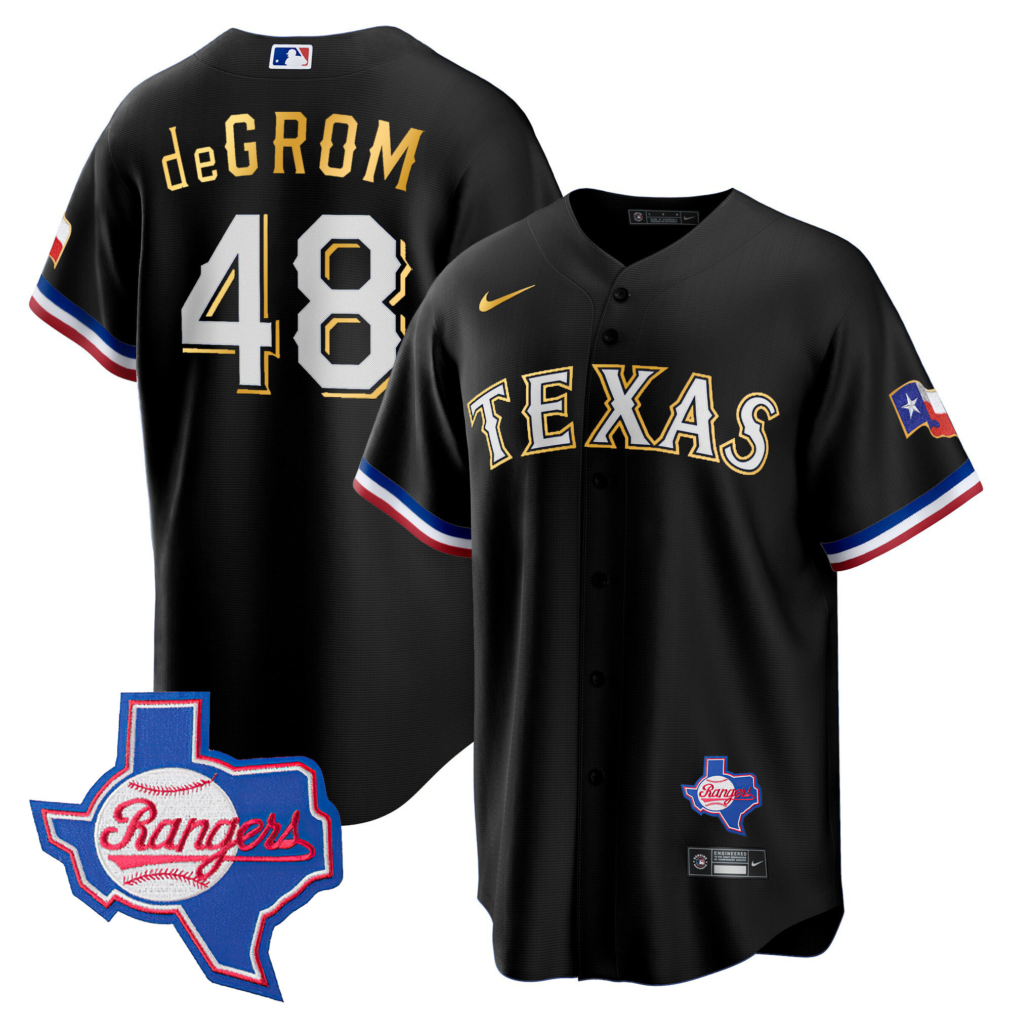 Jacob DeGrom Men's Texas Rangers Gold Trim Cool Base - Texas Patch Black Jersey - All Stitched