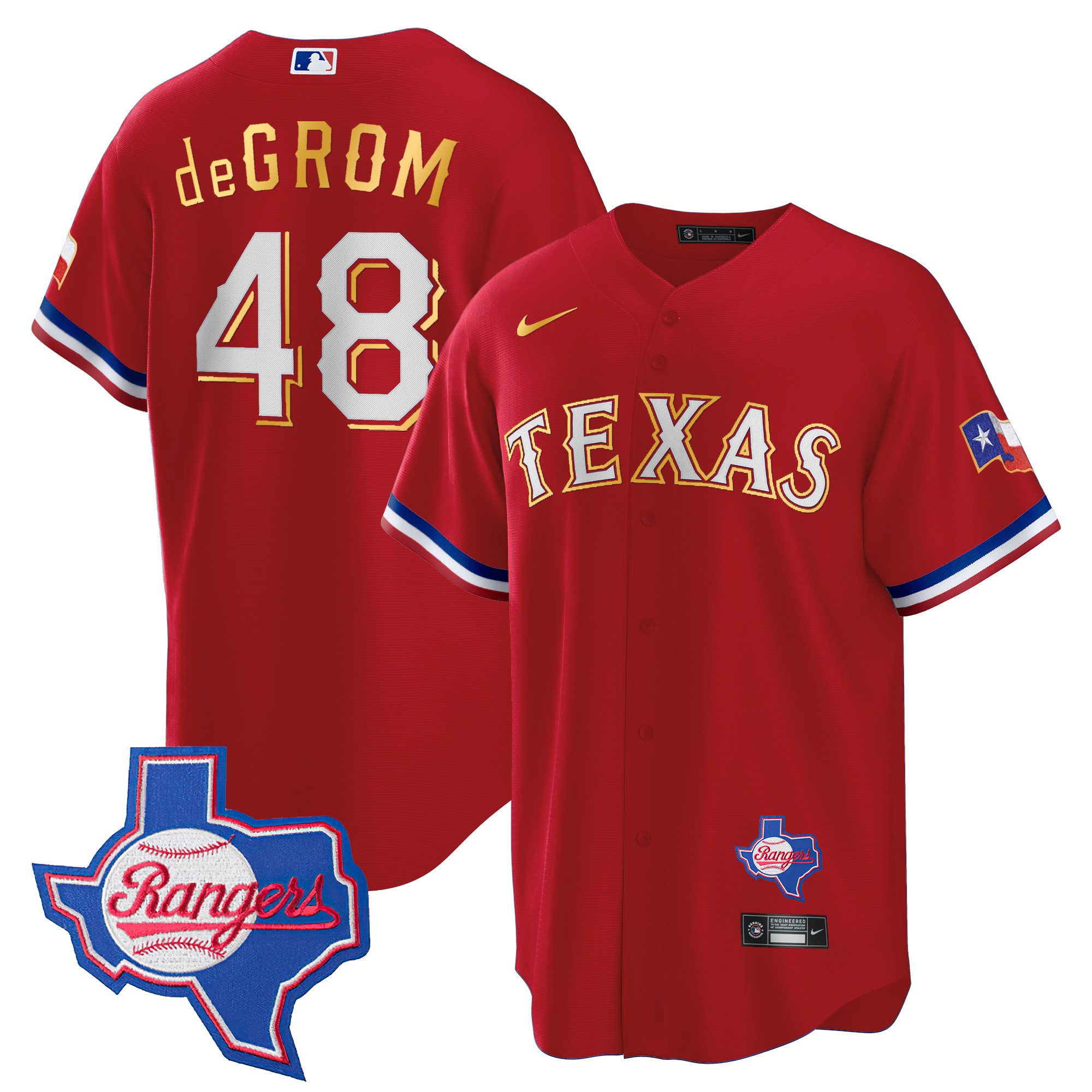 Jacob DeGrom Men's Texas Rangers Gold Trim Cool Base - Texas Patch Red Jersey - All Stitched