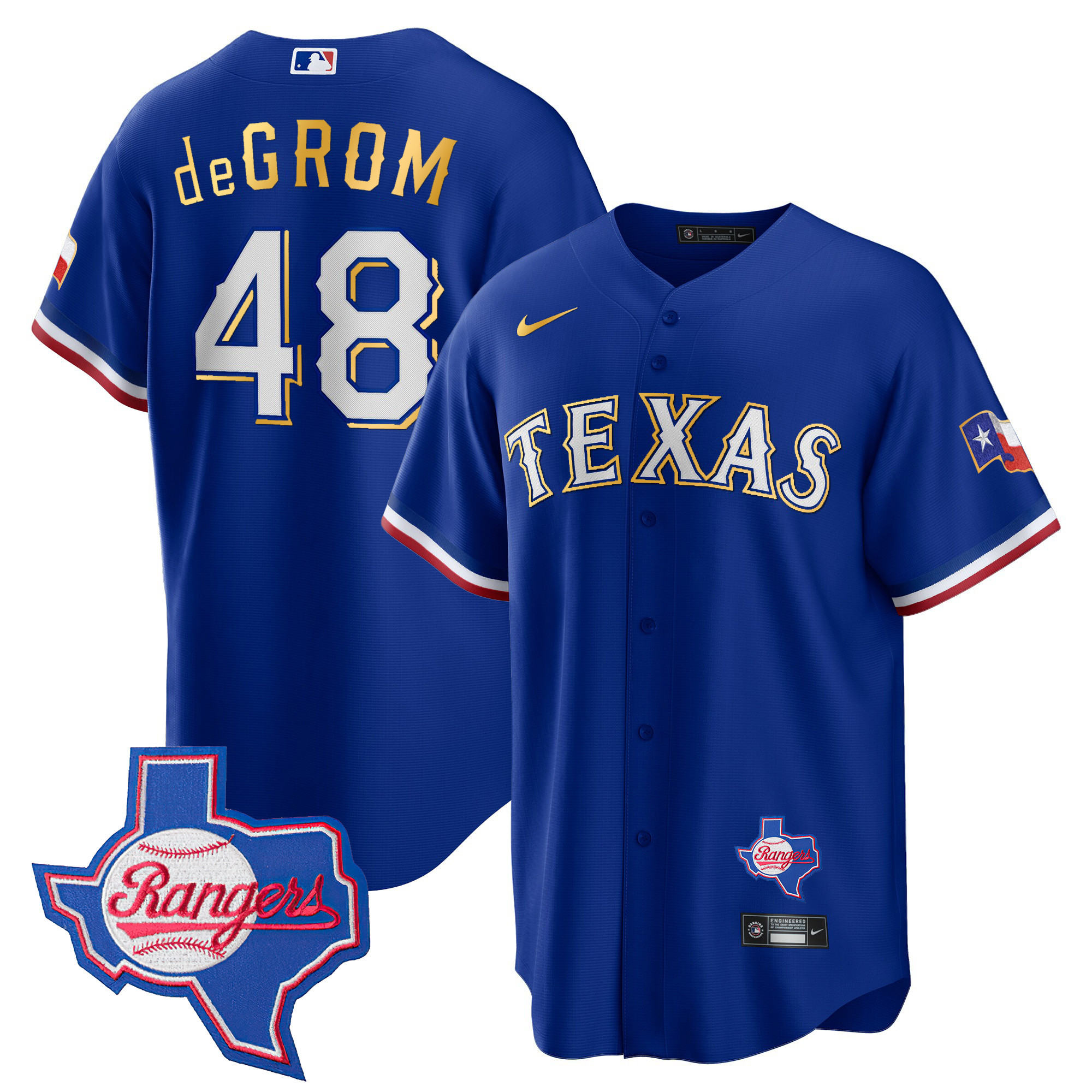 Jacob DeGrom Men's Texas Rangers Gold Trim Cool Base - Texas Patch Royal Jersey - All Stitched
