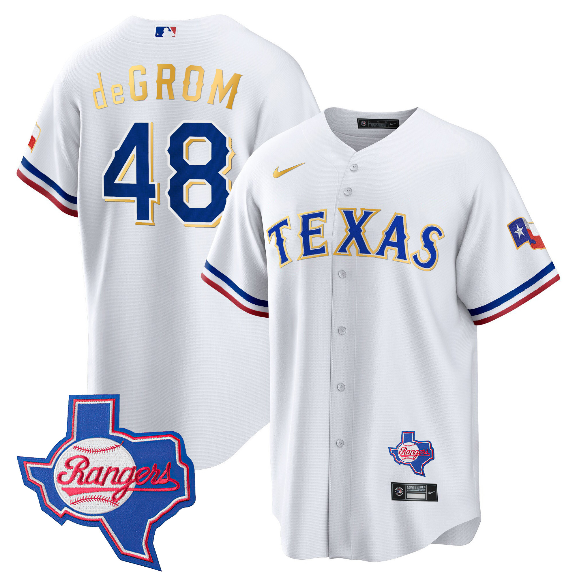 Jacob DeGrom Men's Texas Rangers Gold Trim Cool Base - Texas Patch White Jersey - All Stitched