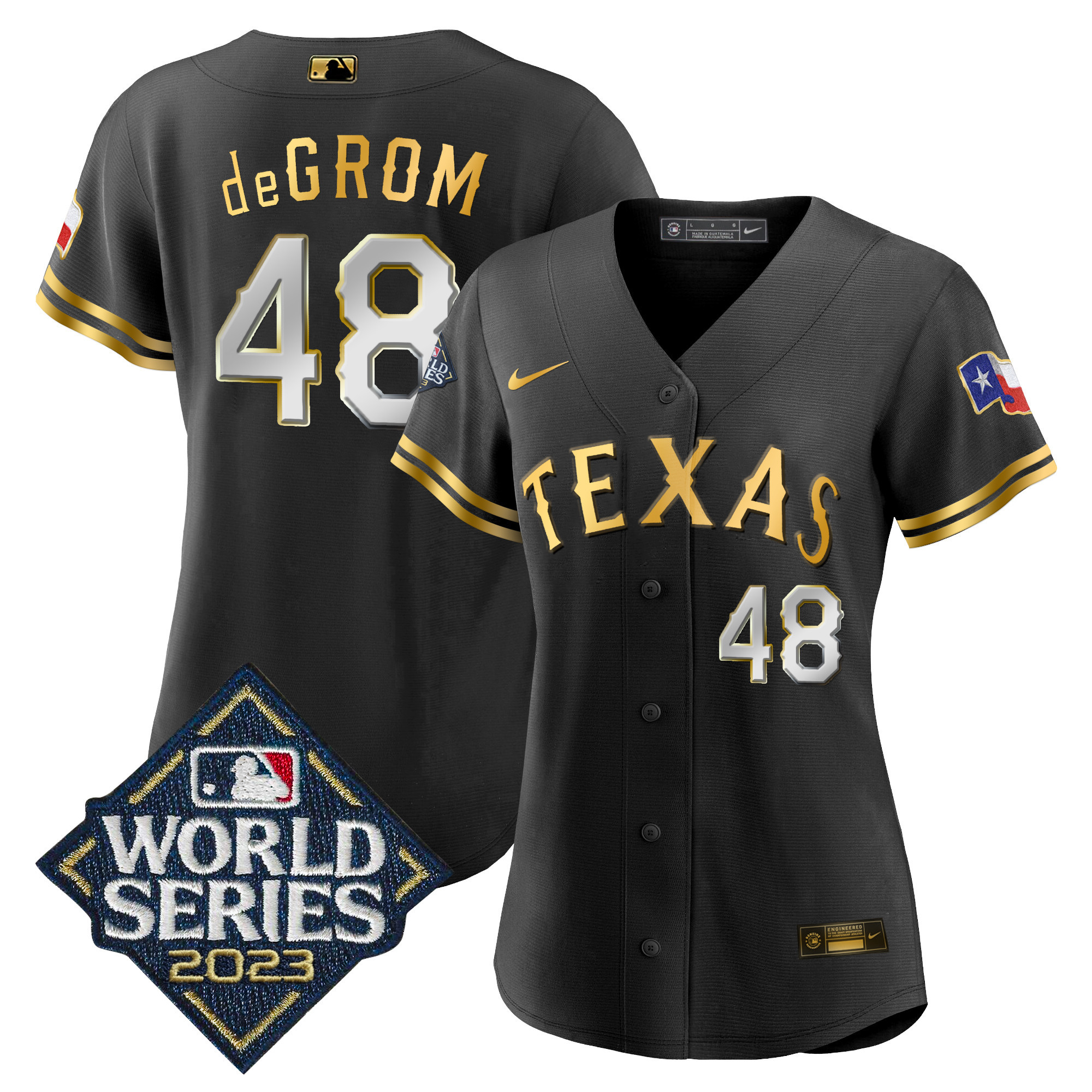 Jacob DeGrom Women's Texas Rangers 2023 World Series Baseball Black Gold Jersey - All Stitched