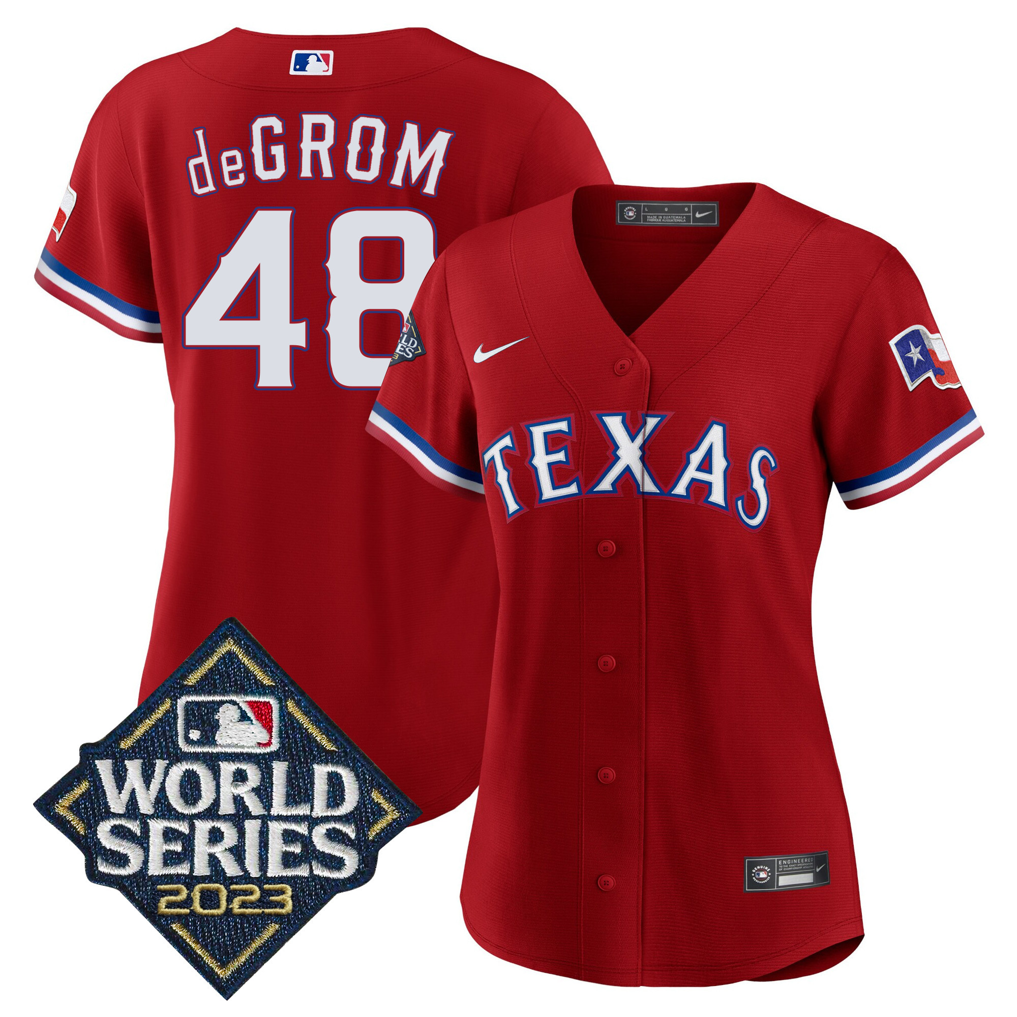 Jacob DeGrom Women's Texas Rangers 2023 World Series Baseball Red Jersey - All Stitched
