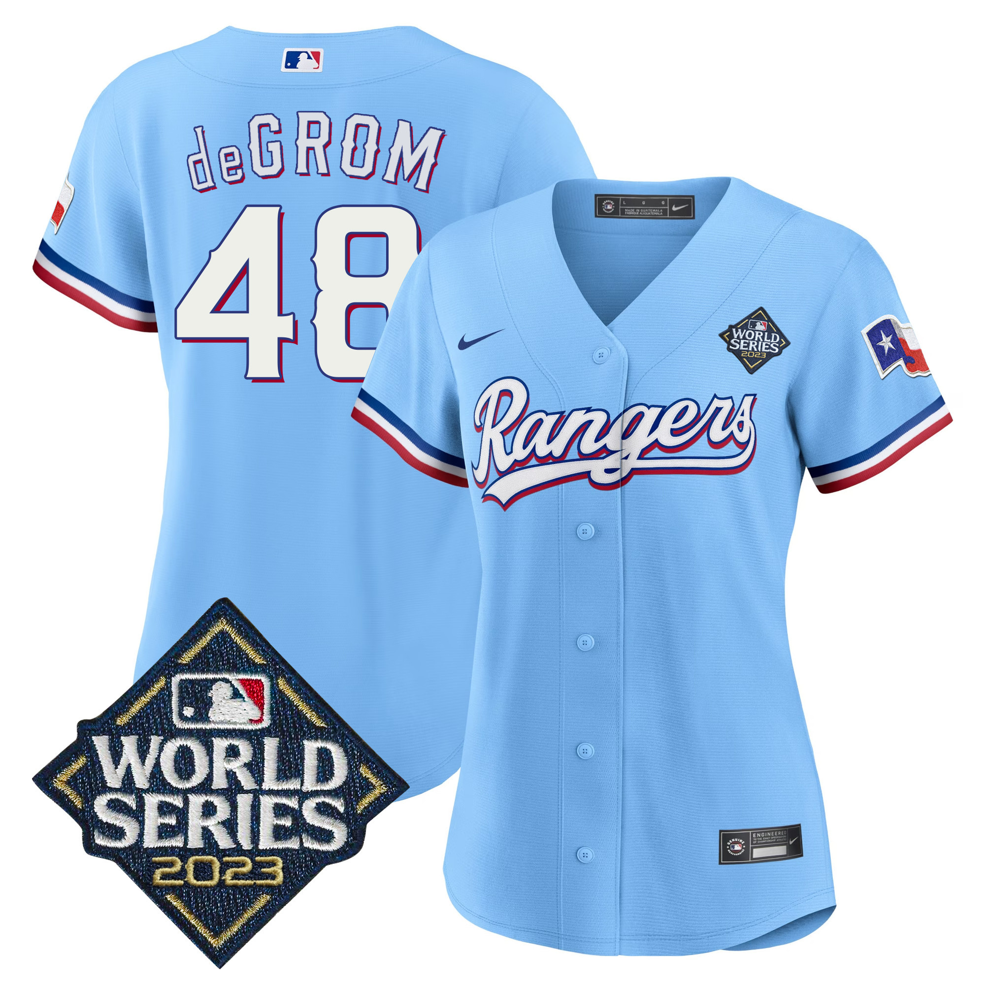 Jacob DeGrom Women's Texas Rangers 2023 World Series Baseball V2 Blue Jersey - All Stitched