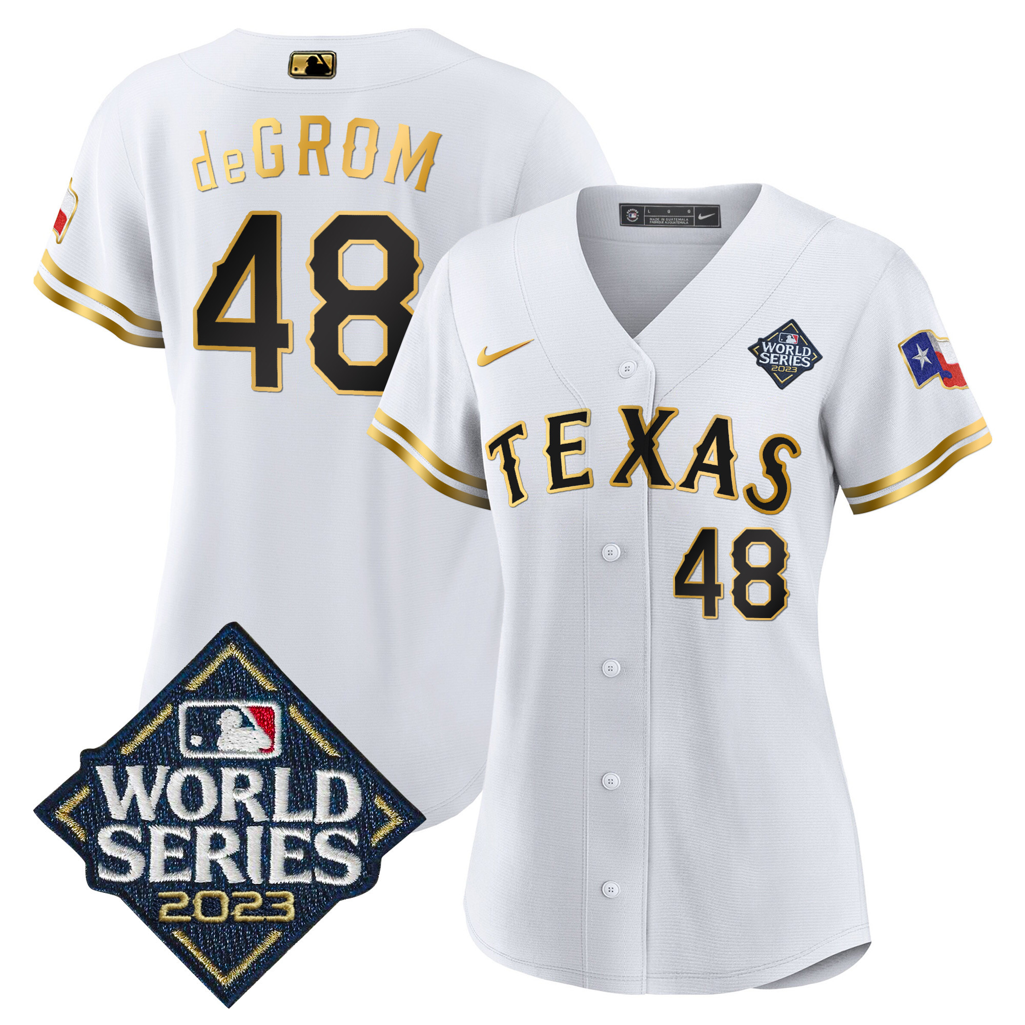 Jacob DeGrom Women's Texas Rangers 2023 World Series Baseball V2 White Gold Jersey - All Stitched