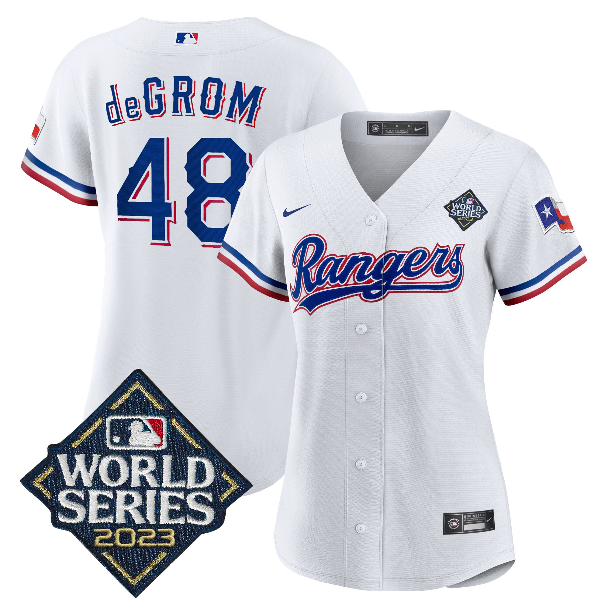 Jacob DeGrom Women's Texas Rangers 2023 World Series Baseball V2 White Jersey - All Stitched