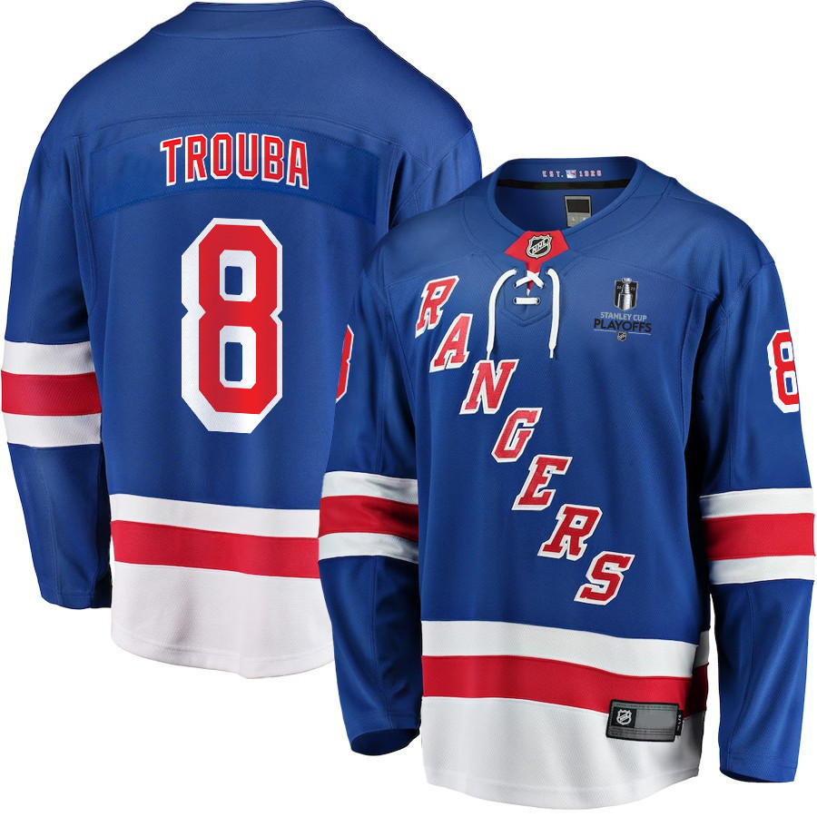 Jacob Trouba 8 New York Rangers Stanley Cup 2023 Playoffs Patch Home Breakaway Men Stitched Jersey – Blue