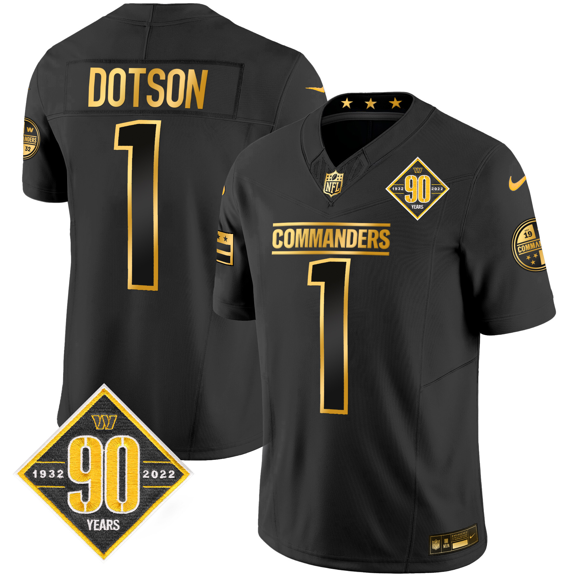 Jahan Dotson Men's Washington Commanders 90th Anniversary Patch Gold Vapor Black Gold Jersey - All Stitched 